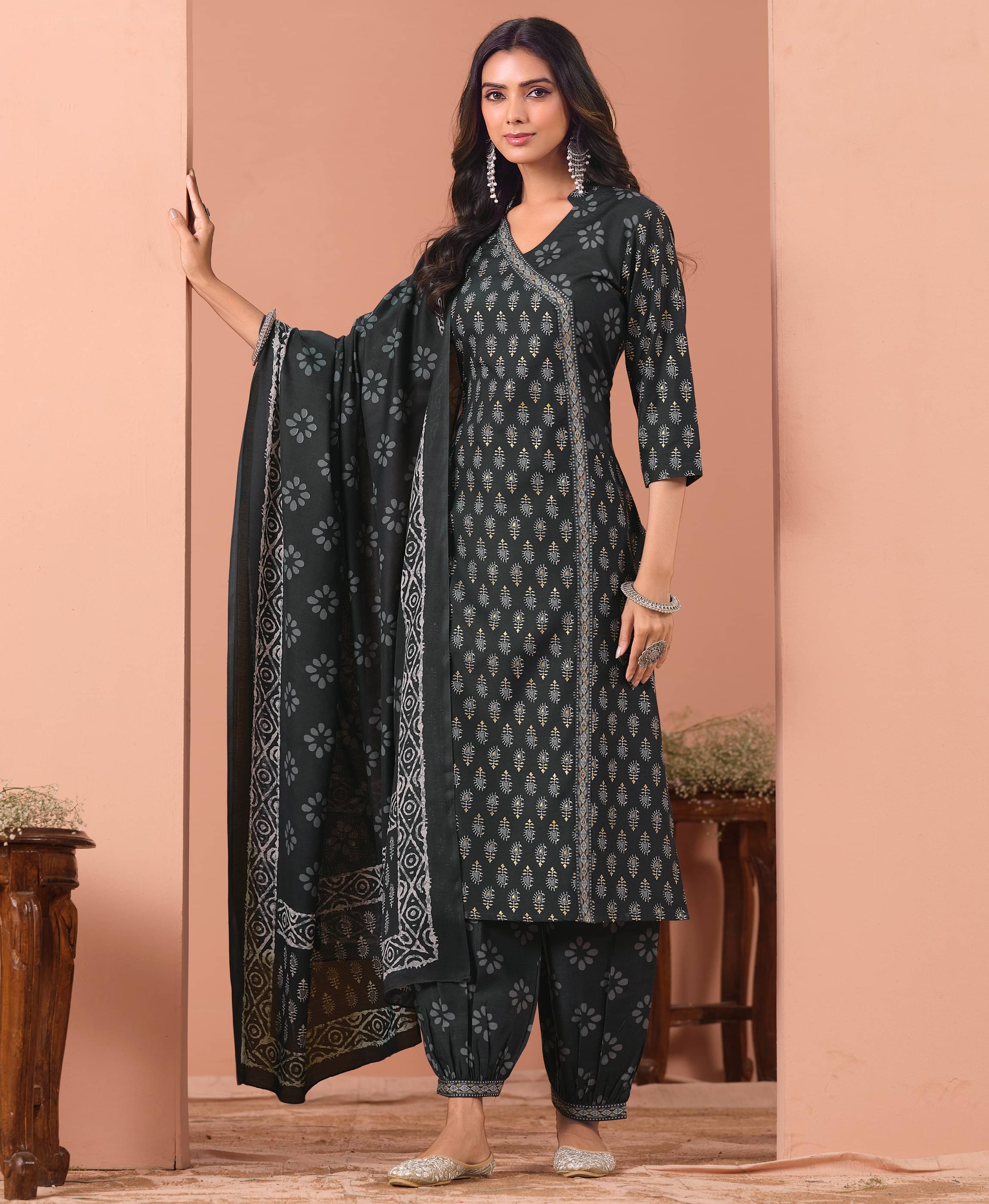 MOJILAA Cotton Blend Printed Kurti With Salwar Women's Stitched Salwar Suit - Dark Grey ( Pack of 1 )     			MOJILAA Cotton Blend Printed Kurti With Salwar Women's Stitched Salwar Suit - Dark Grey ( Pack of 1 )