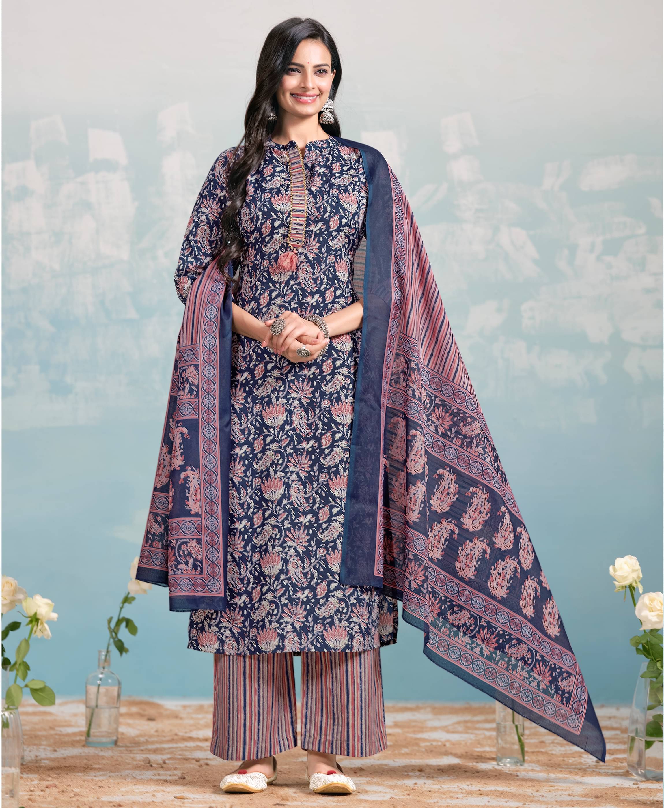     			MOJILAA Cotton Blend Printed Kurti With Palazzo Women's Stitched Salwar Suit - Navy Blue ( Pack of 1 )