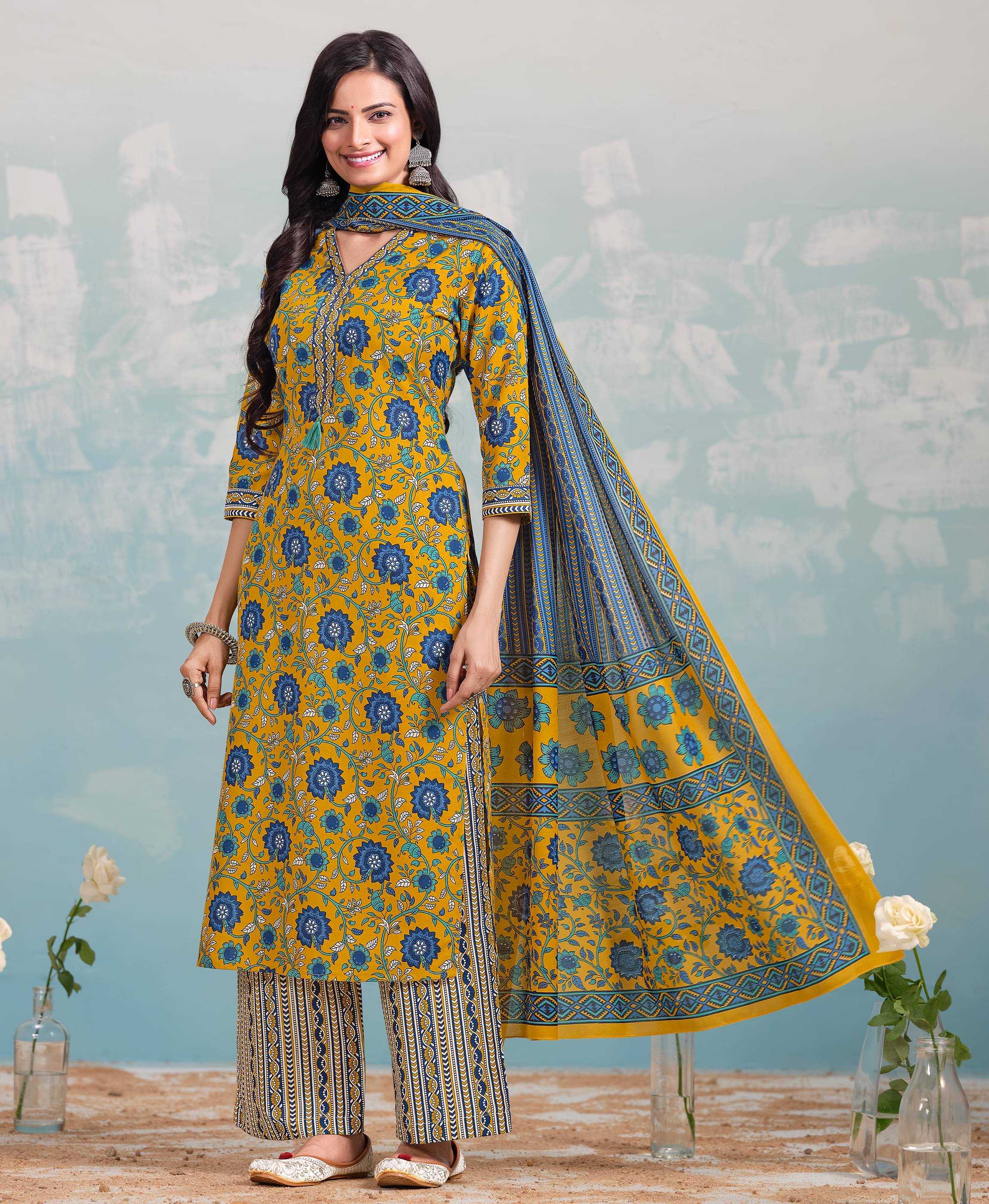 MOJILAA Cotton Blend Printed Kurti With Palazzo Women's Stitched Salwar Suit - Yellow ( Pack of 1 ) MOJILAA Cotton Blend Printed Kurti With Palazzo Women's Stitched Salwar Suit - Yellow ( Pack of 1 )