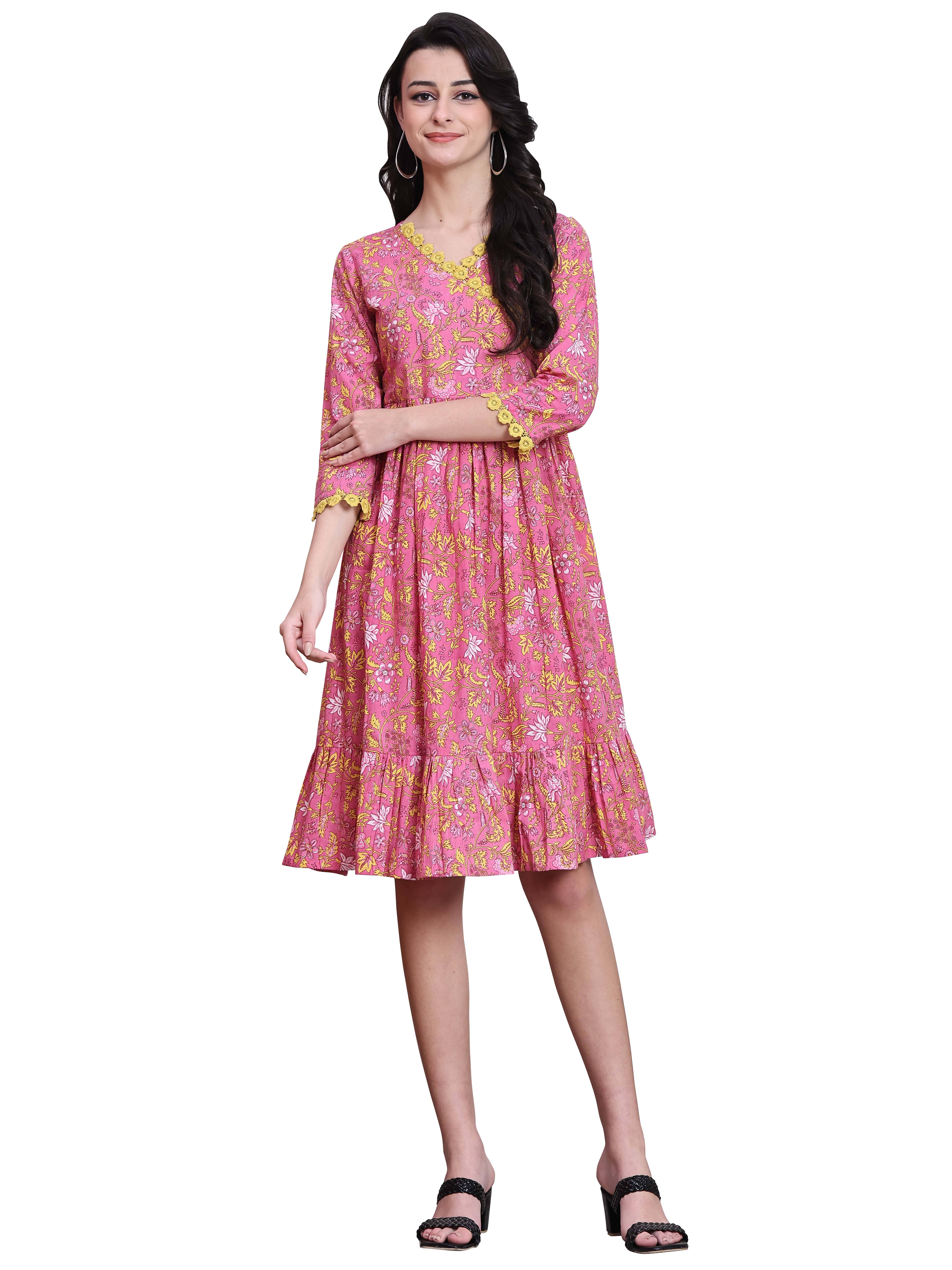     			Rajnandini Women Cotton Printed A-line Dress ( Pink )