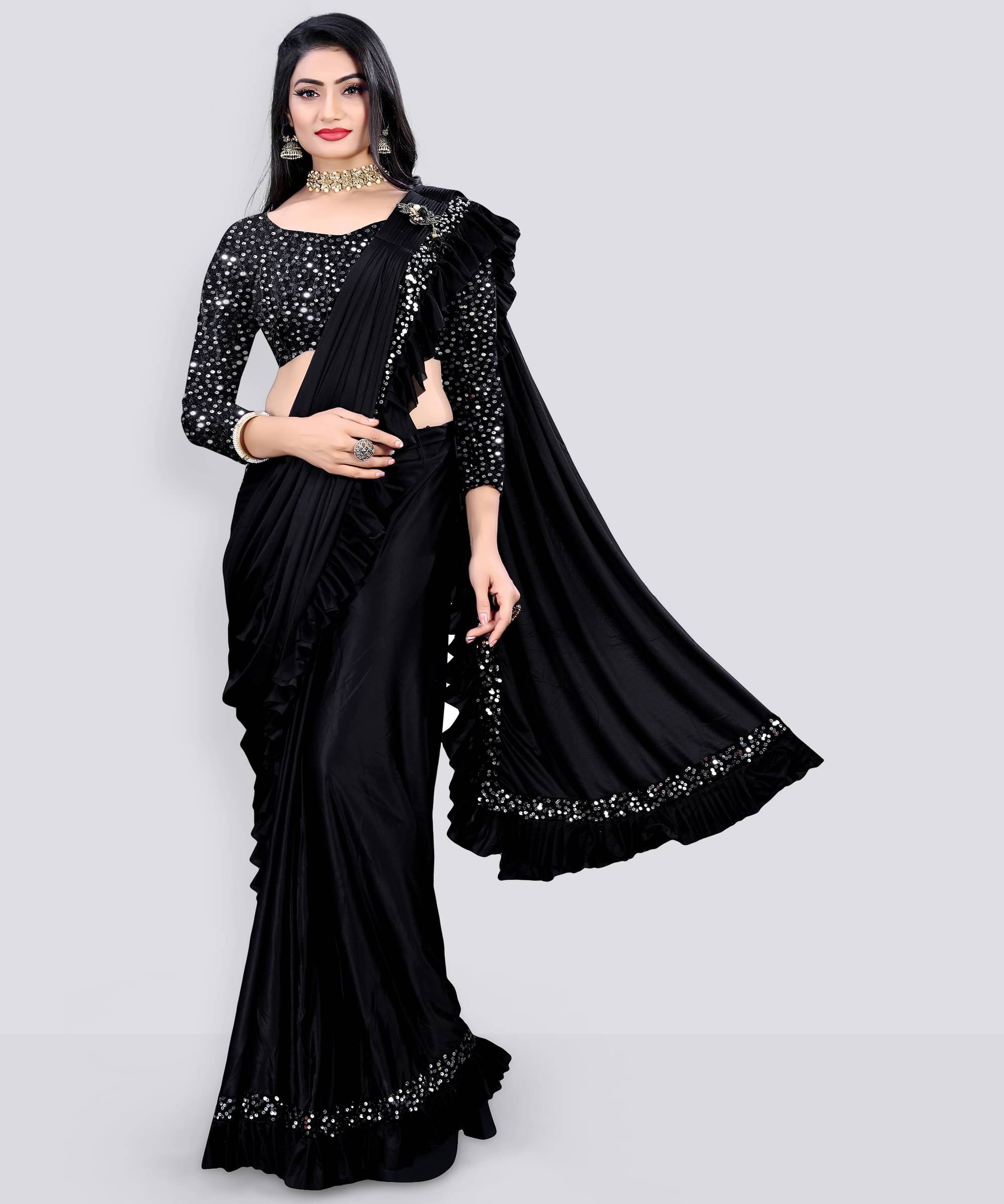 SIMRISH Lycra Embellished Saree With Unstitched Blouse Piece ( Black ) SIMRISH Lycra Embellished Saree With Unstitched Blouse Piece ( Black )