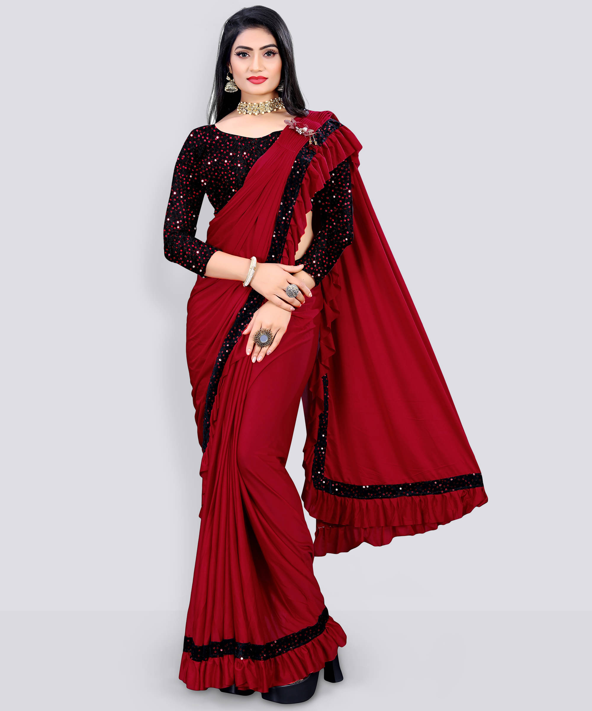 SIMRISH Lycra Embellished Saree With Unstitched Blouse Piece ( Red ) SIMRISH Lycra Embellished Saree With Unstitched Blouse Piece ( Red )