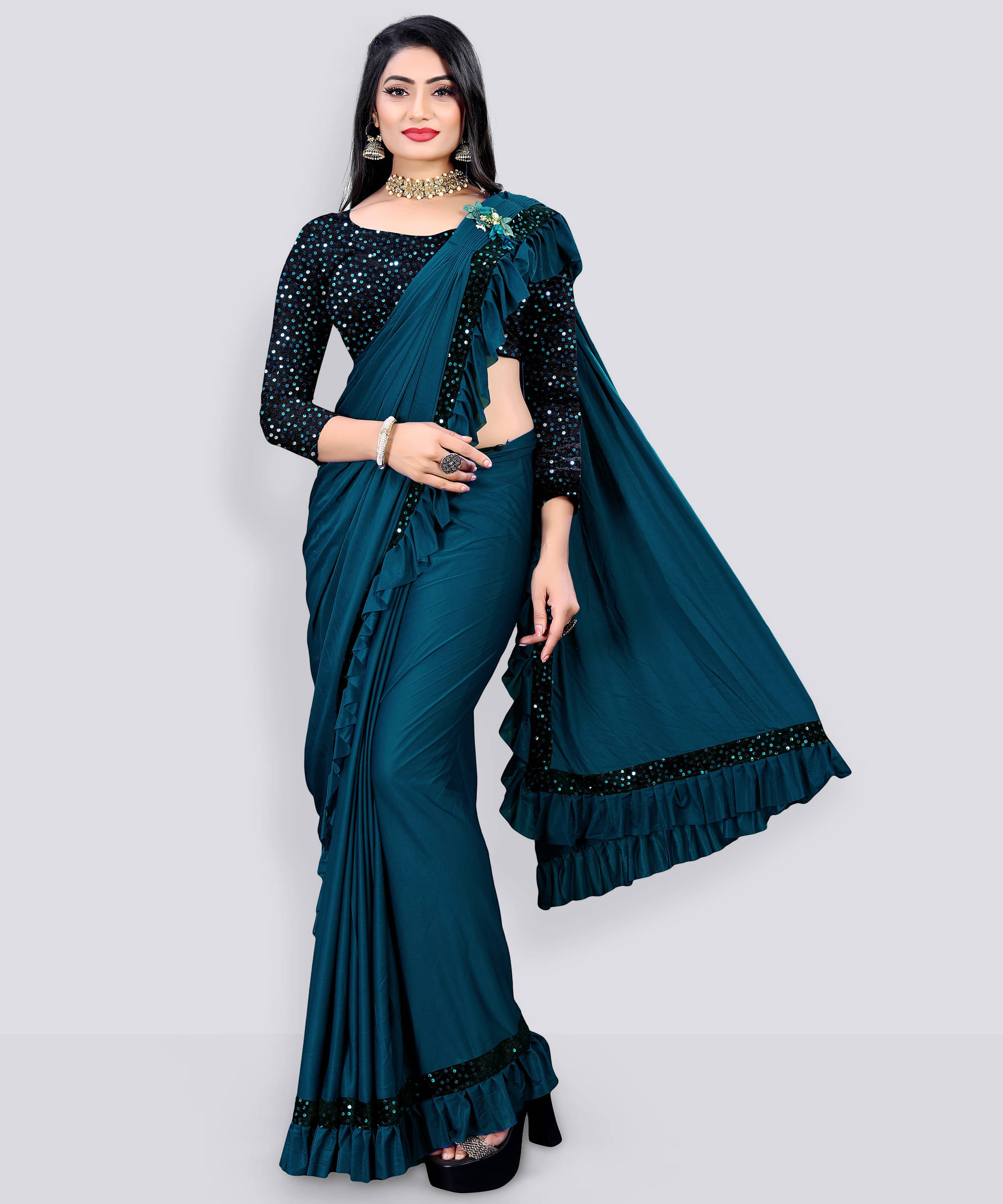 SIMRISH Lycra Embellished Saree With Unstitched Blouse Piece ( Blue ) SIMRISH Lycra Embellished Saree With Unstitched Blouse Piece ( Blue )