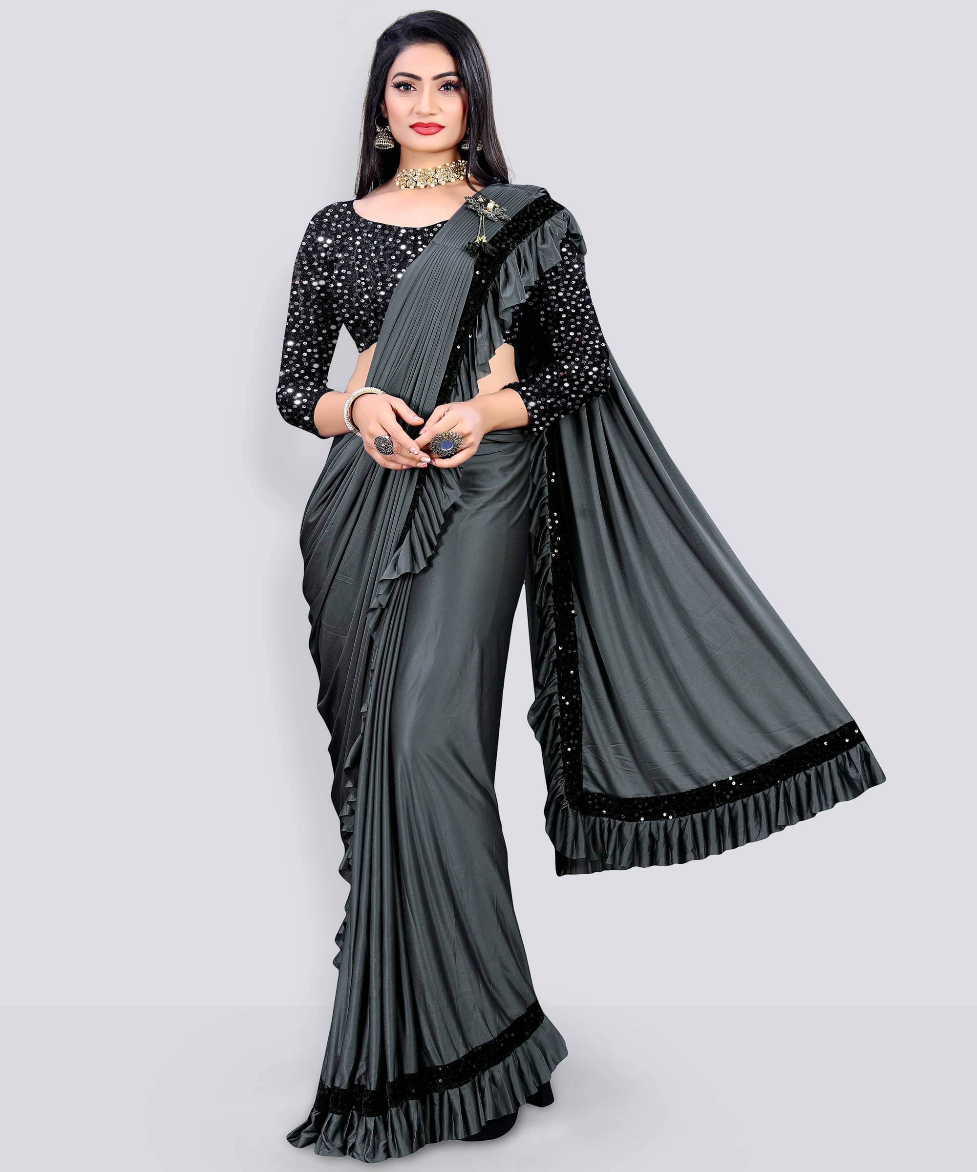 SIMRISH Lycra Embellished Saree With Unstitched Blouse Piece ( Grey ) SIMRISH Lycra Embellished Saree With Unstitched Blouse Piece ( Grey )