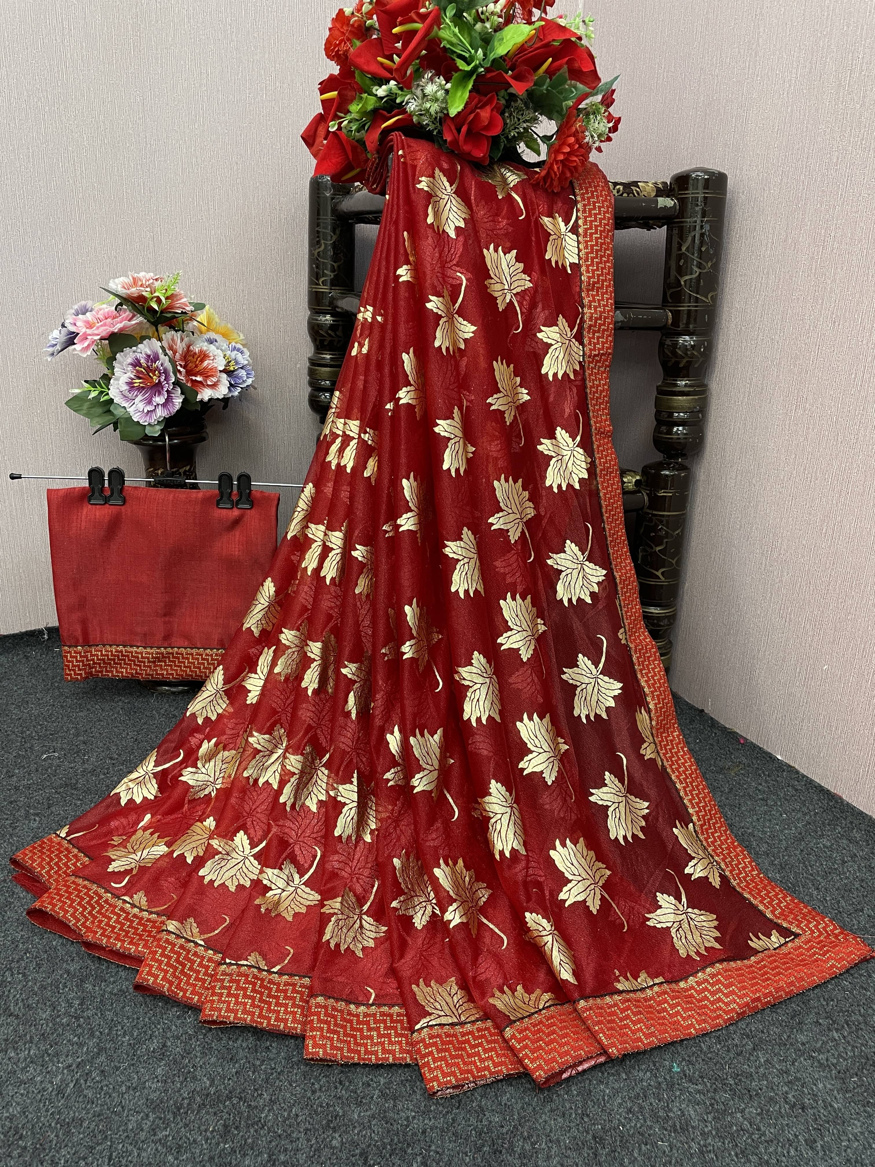     			SIMRISH Lycra Embellished Saree With Unstitched Blouse Piece ( Red )