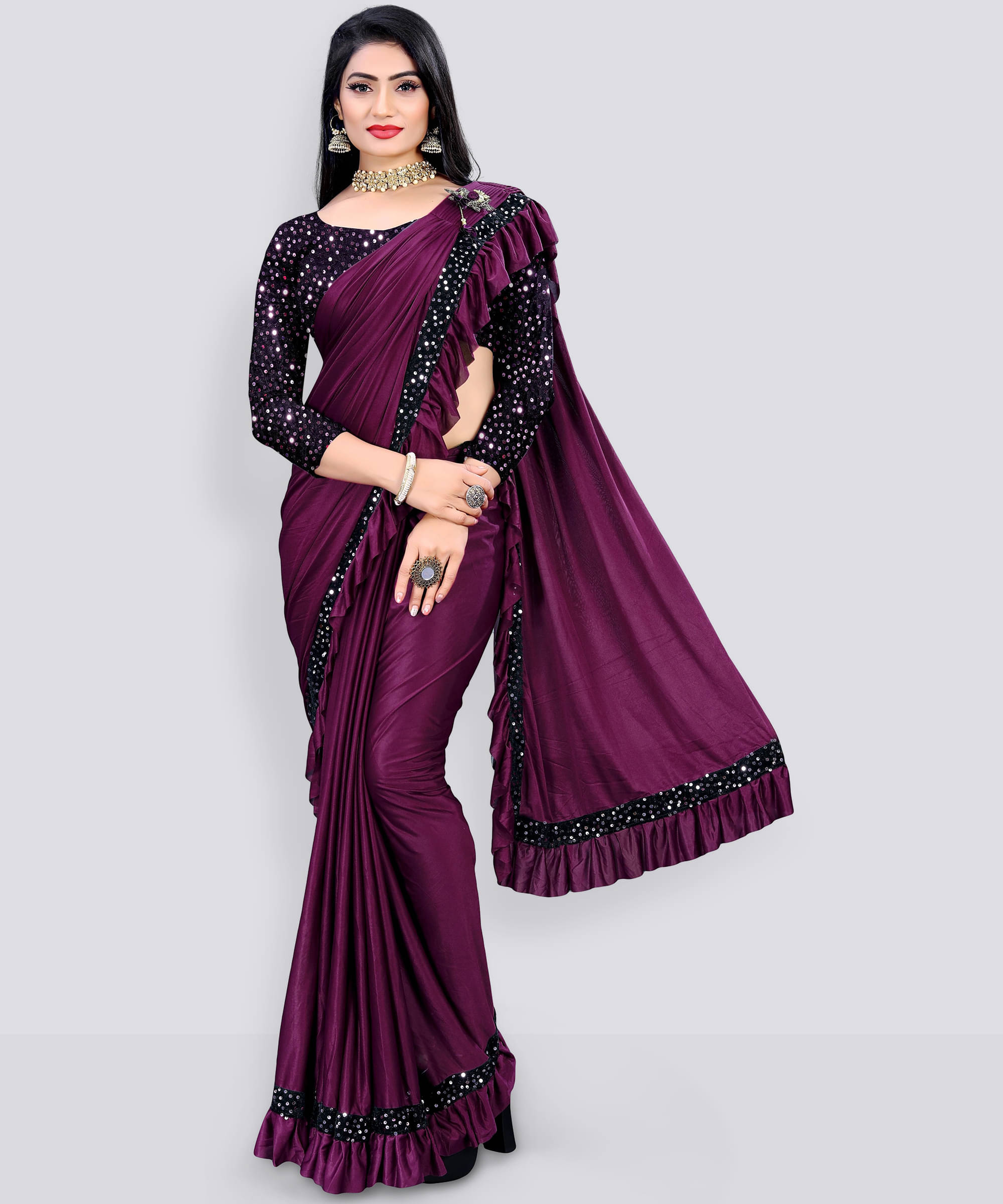     			SIMRISH Lycra Embellished Saree With Unstitched Blouse Piece ( Purple )