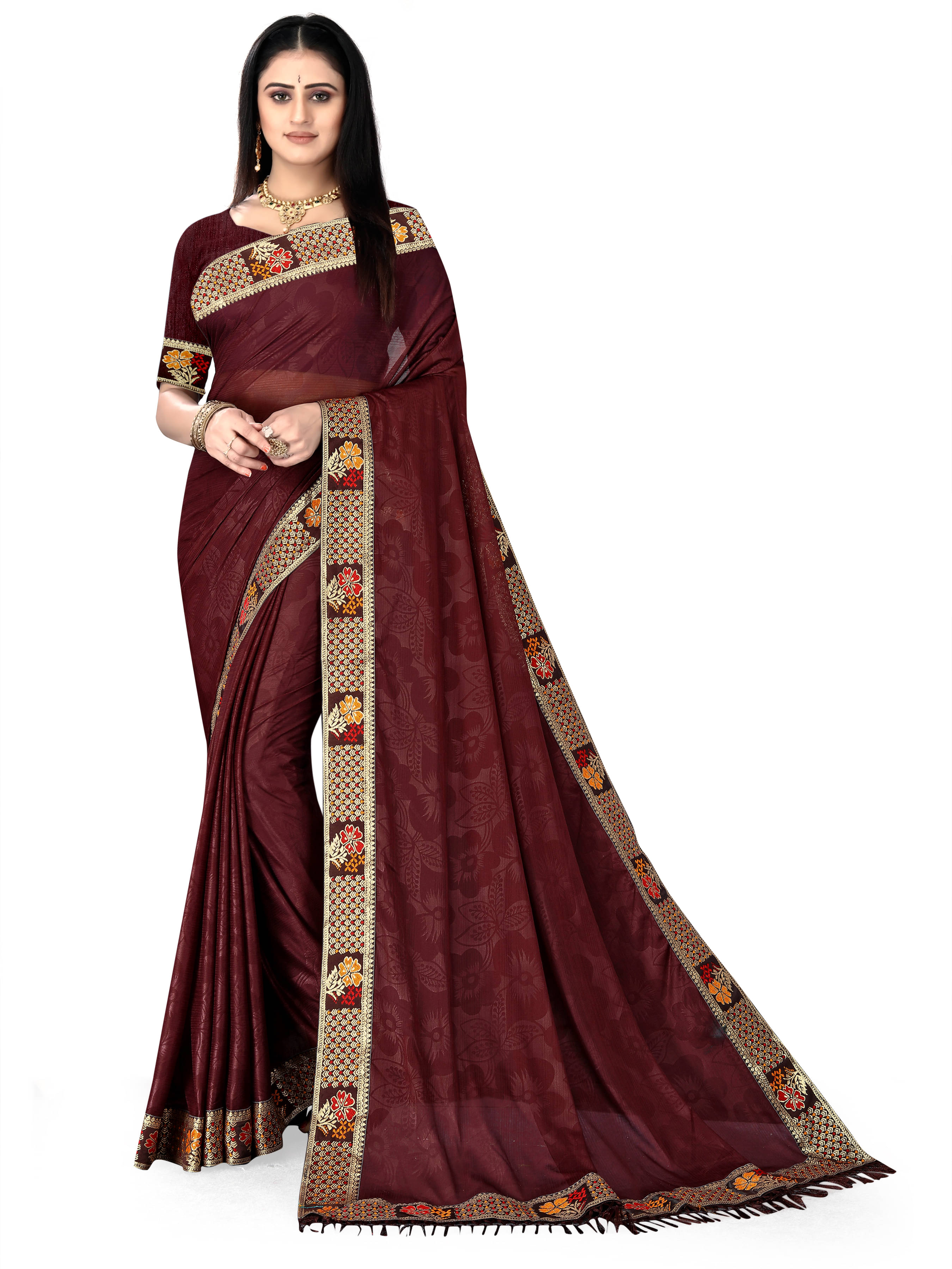     			SIMRISH Lycra Printed Saree With Unstitched Blouse Piece ( Brown )