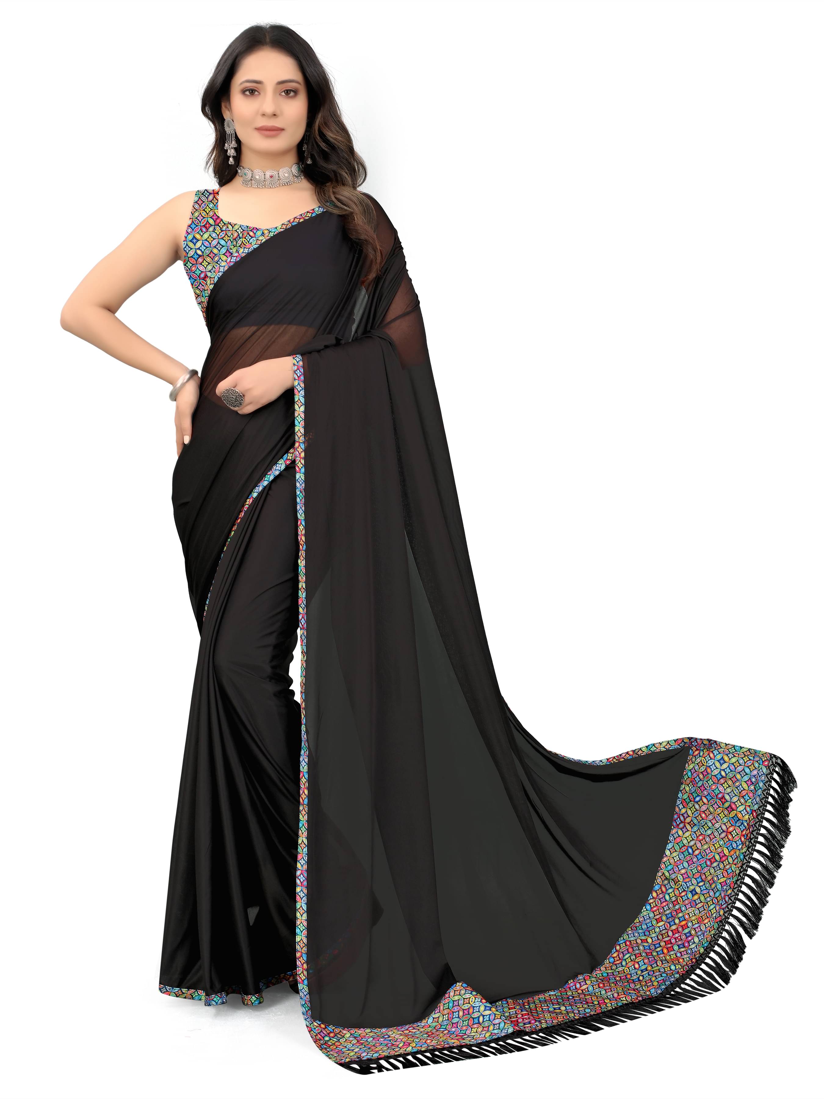 SIMRISH Lycra Printed Saree With Unstitched Blouse Piece ( Black ) SIMRISH Lycra Printed Saree With Unstitched Blouse Piece ( Black )