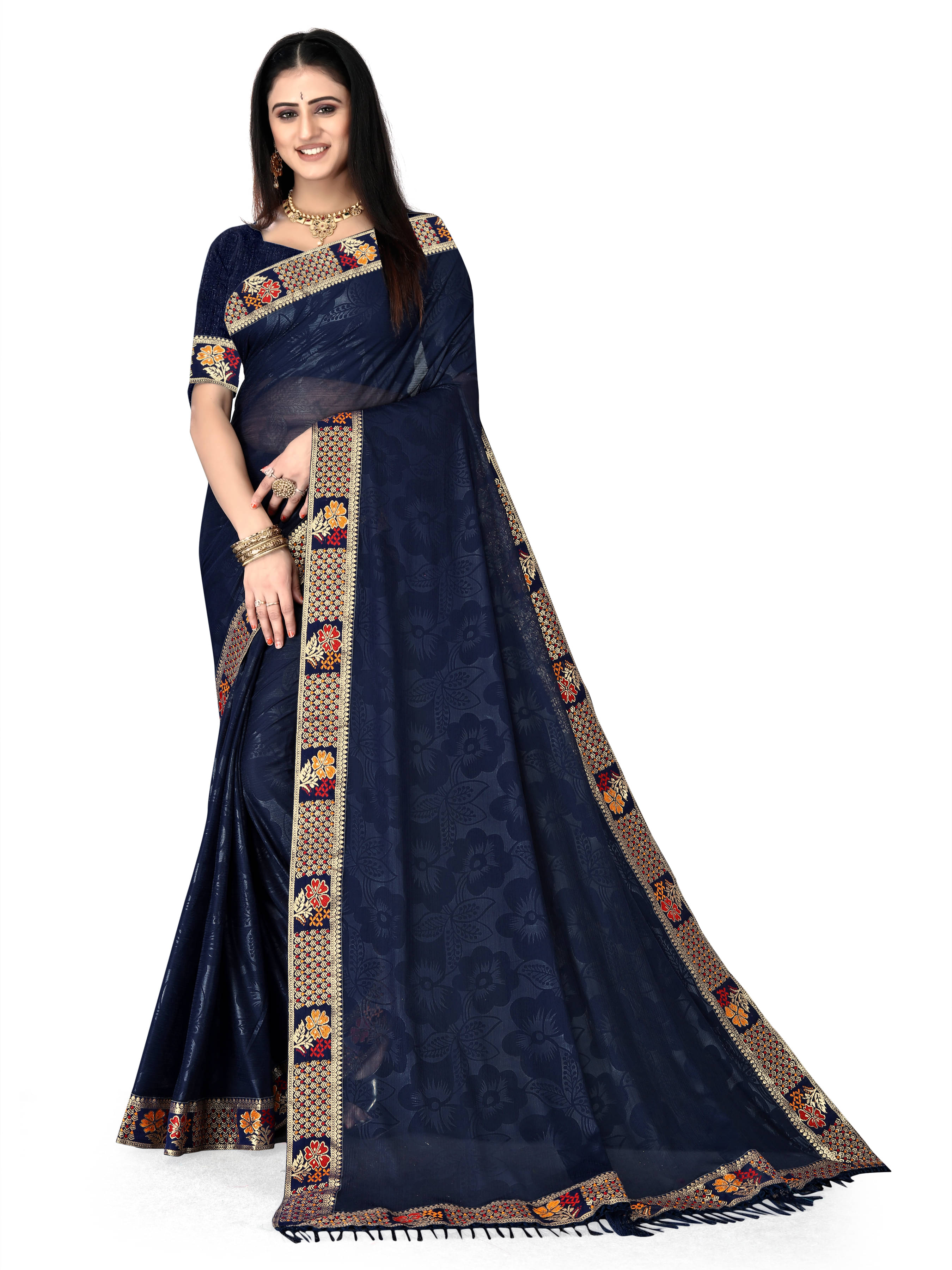     			SIMRISH Lycra Self Design Saree With Unstitched Blouse Piece ( Blue )