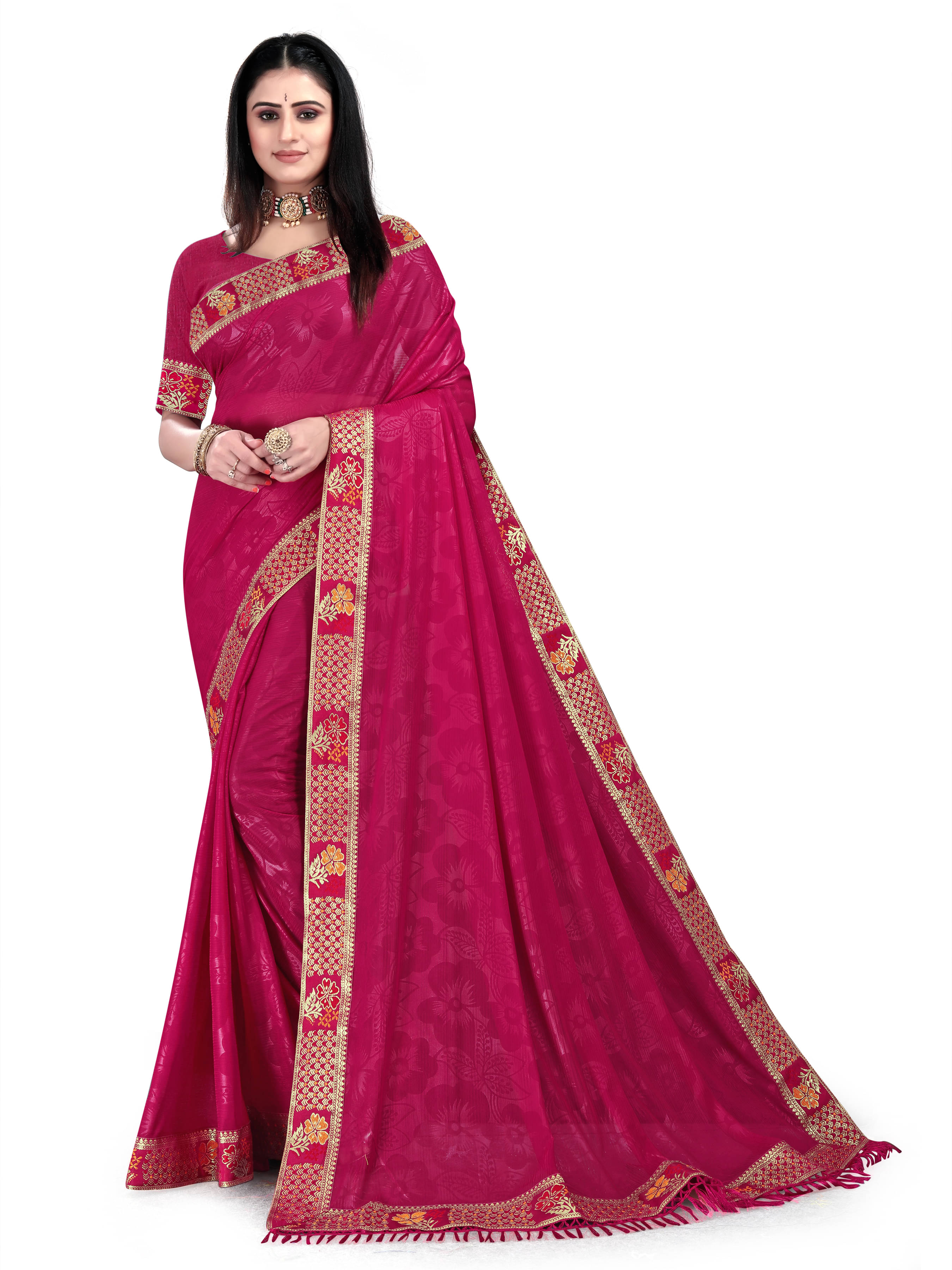 SIMRISH Lycra Self Design Saree With Unstitched Blouse Piece ( Pink ) SIMRISH Lycra Self Design Saree With Unstitched Blouse Piece ( Pink )