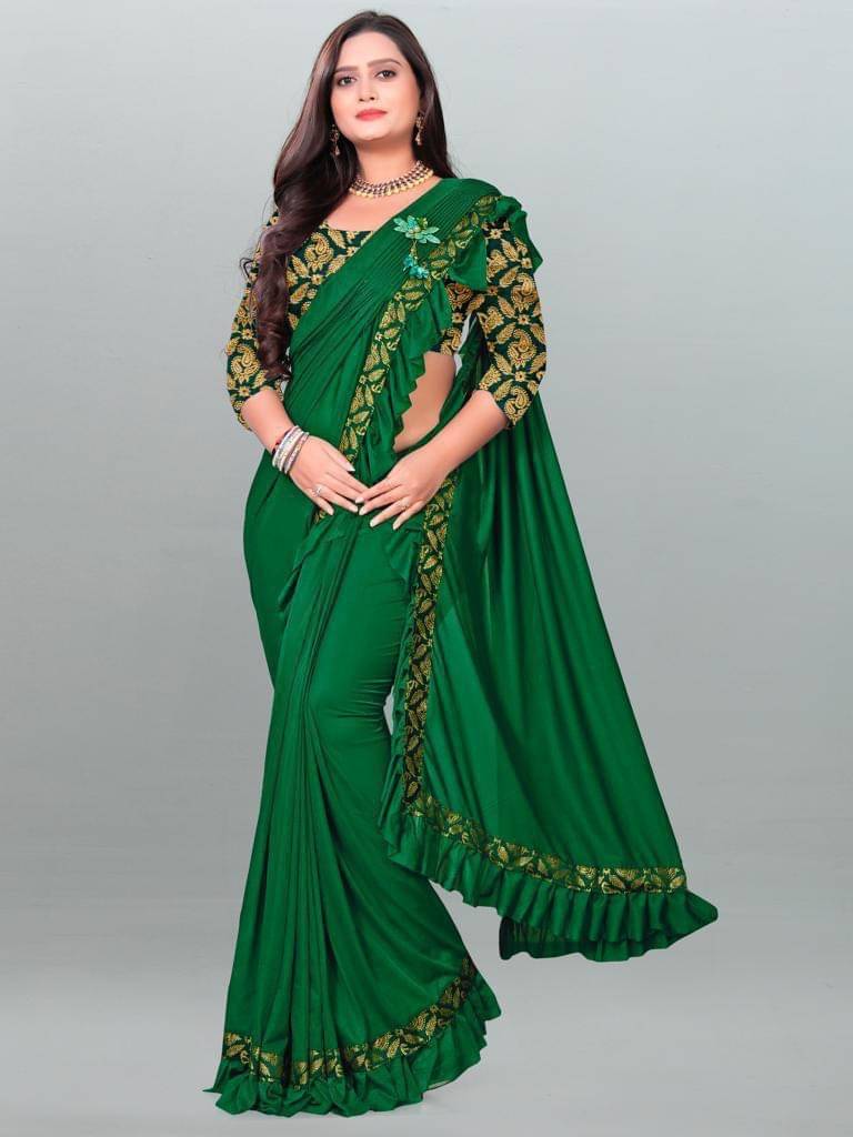 SIMRISH Lycra Solid Saree With Unstitched Blouse Piece ( Green ) SIMRISH Lycra Solid Saree With Unstitched Blouse Piece ( Green )