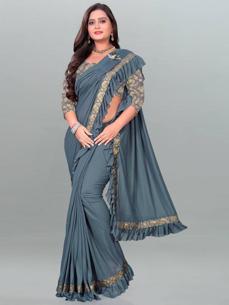 SIMRISH Lycra Solid Saree With Unstitched Blouse Piece ( Grey ) SIMRISH Lycra Solid Saree With Unstitched Blouse Piece ( Grey )