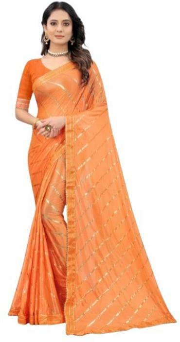 SIMRISH Lycra Striped Saree With Unstitched Blouse Piece ( Orange ) SIMRISH Lycra Striped Saree With Unstitched Blouse Piece ( Orange )