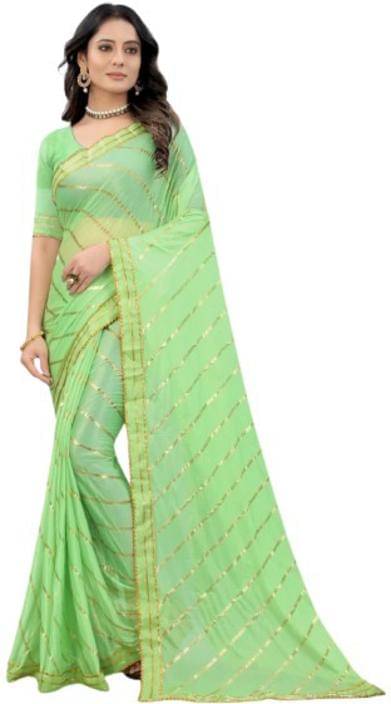     			SIMRISH Lycra Striped Saree With Unstitched Blouse Piece ( Green )