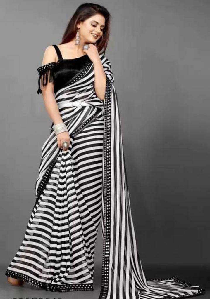SIMRISH Lycra Striped Saree With Unstitched Blouse Piece ( Multicolor ) SIMRISH Lycra Striped Saree With Unstitched Blouse Piece ( Multicolor )
