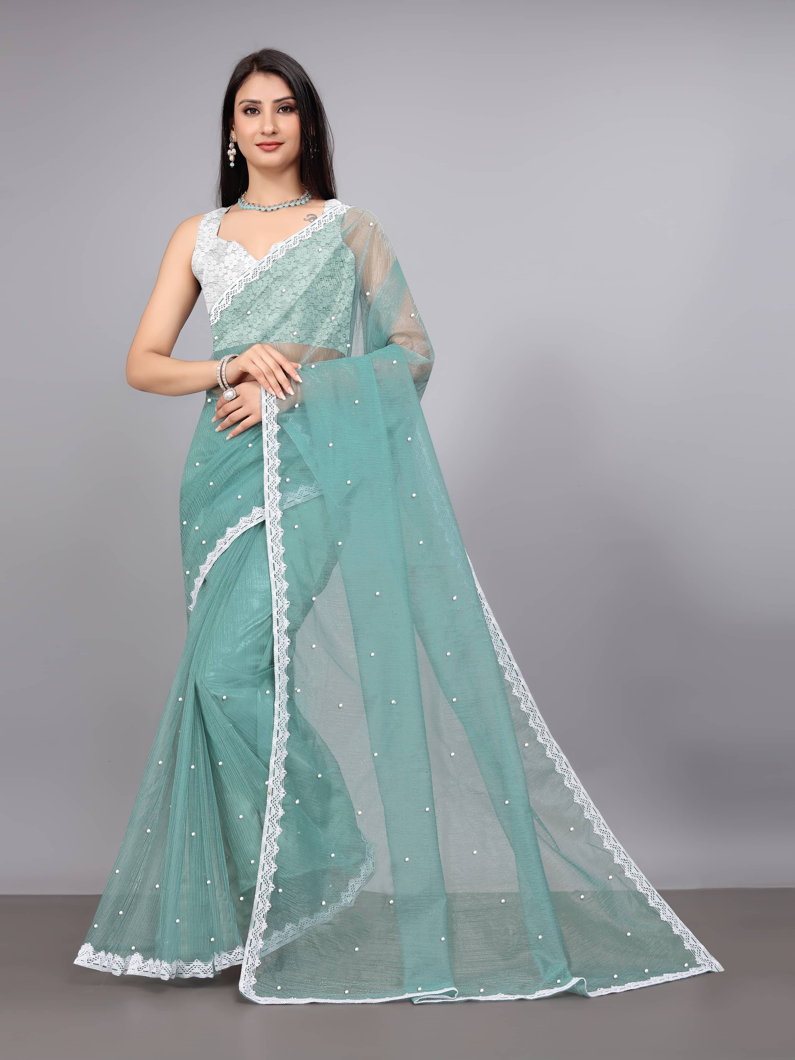 SIMRISH Net Embellished Saree With Unstitched Blouse Piece ( Blue ) SIMRISH Net Embellished Saree With Unstitched Blouse Piece ( Blue )