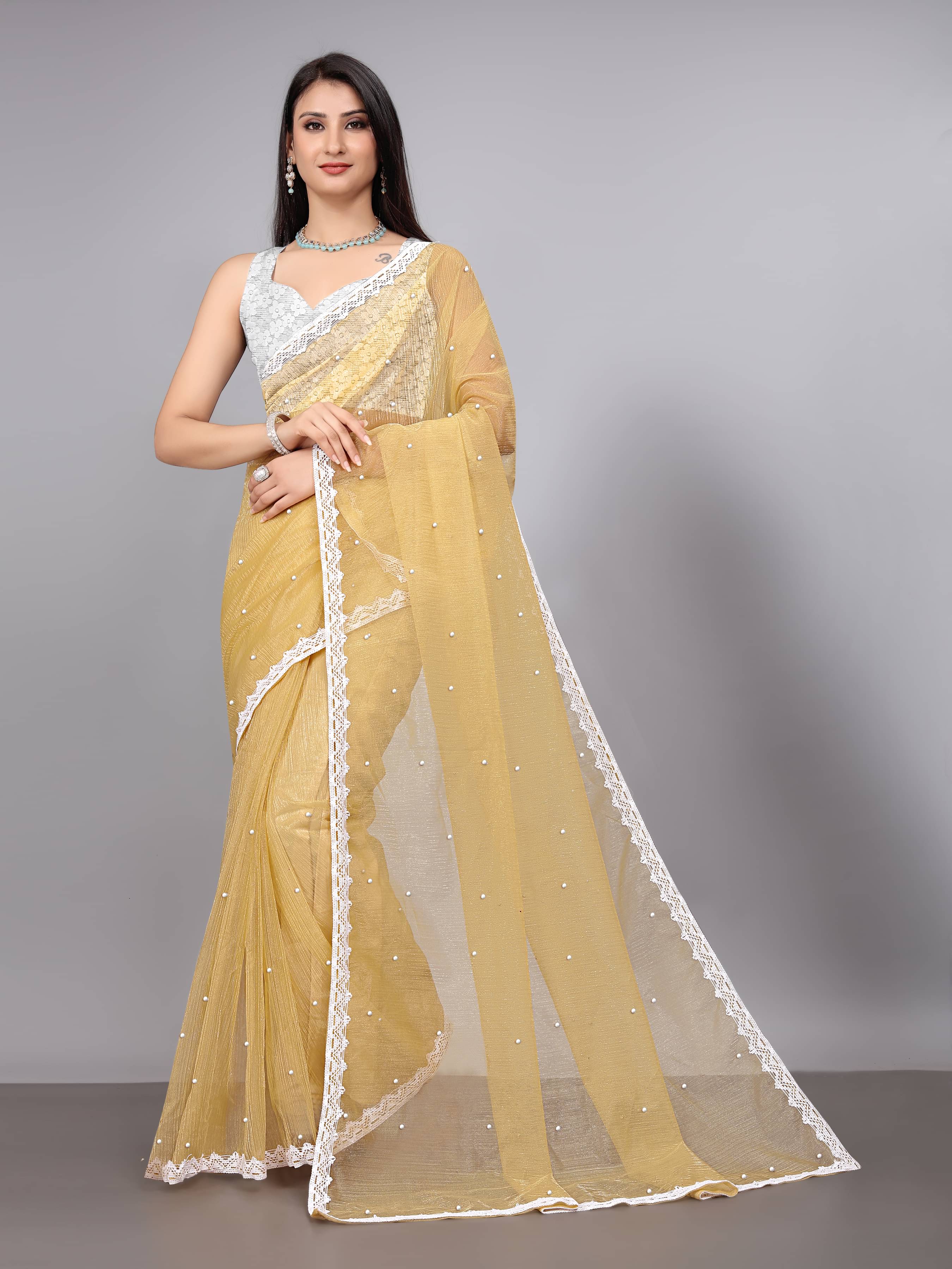 SIMRISH Net Embellished Saree With Unstitched Blouse Piece ( Yellow ) SIMRISH Net Embellished Saree With Unstitched Blouse Piece ( Yellow )