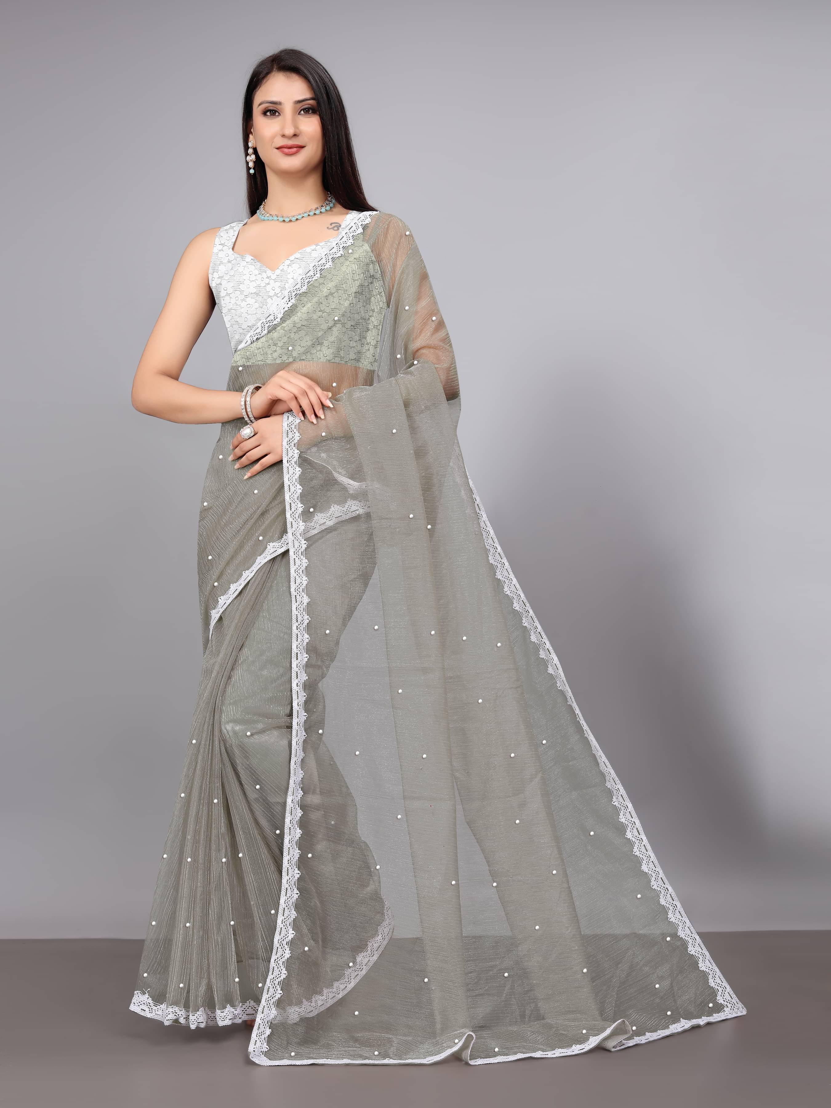 SIMRISH Net Embellished Saree With Unstitched Blouse Piece ( Grey ) SIMRISH Net Embellished Saree With Unstitched Blouse Piece ( Grey )