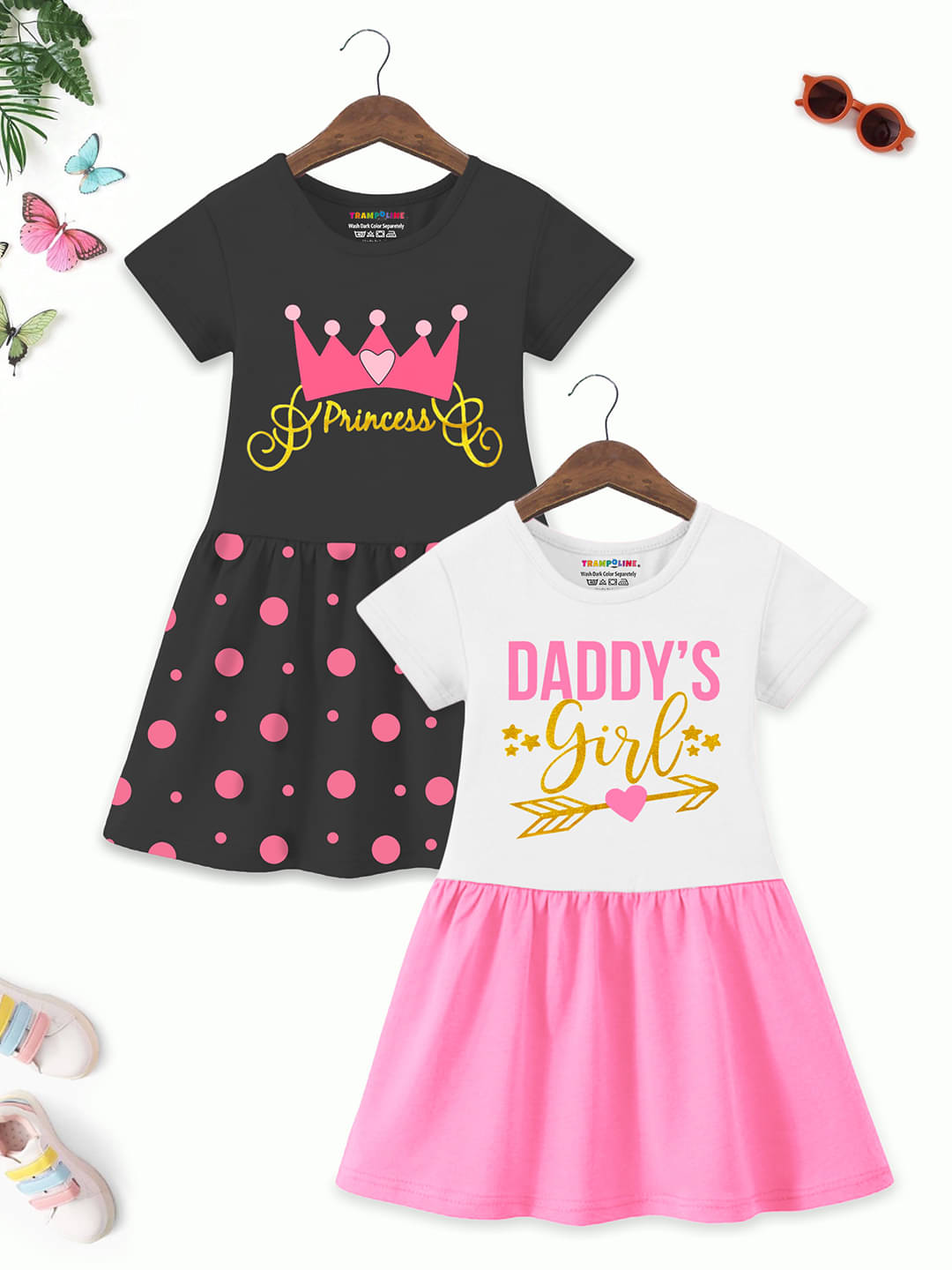     			Trampoline Cotton Blend Dress For Girls ( Pack of 2 , White & Black )