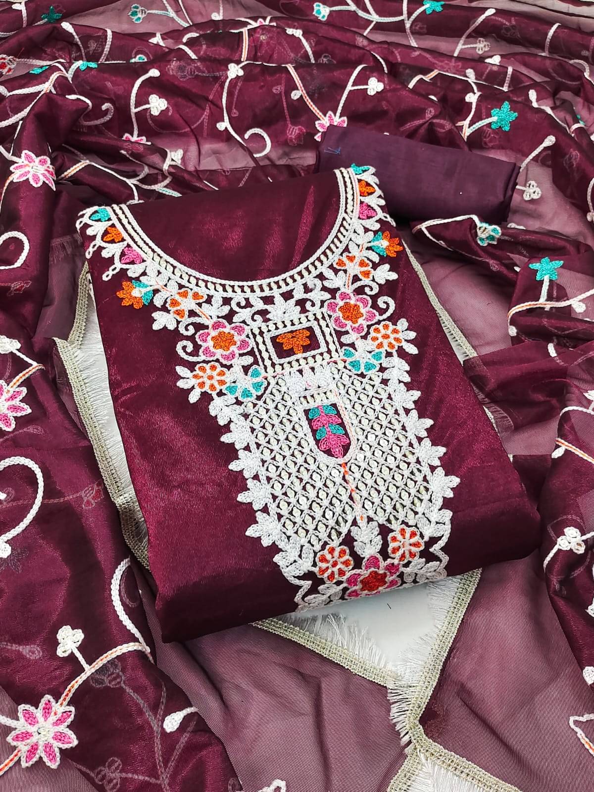 ALSHOP Unstitched Net Embroidered Dress Material - Maroon ( Pack of 1 ) ALSHOP Unstitched Net Embroidered Dress Material - Maroon ( Pack of 1 )
