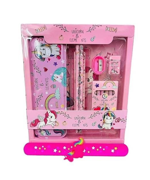     			Eclet Unicorn Stationery Kit Set for Girls 12 Pcs Pencil, Eraser, Sharpener, Color Set Geometry Box  (Pink)