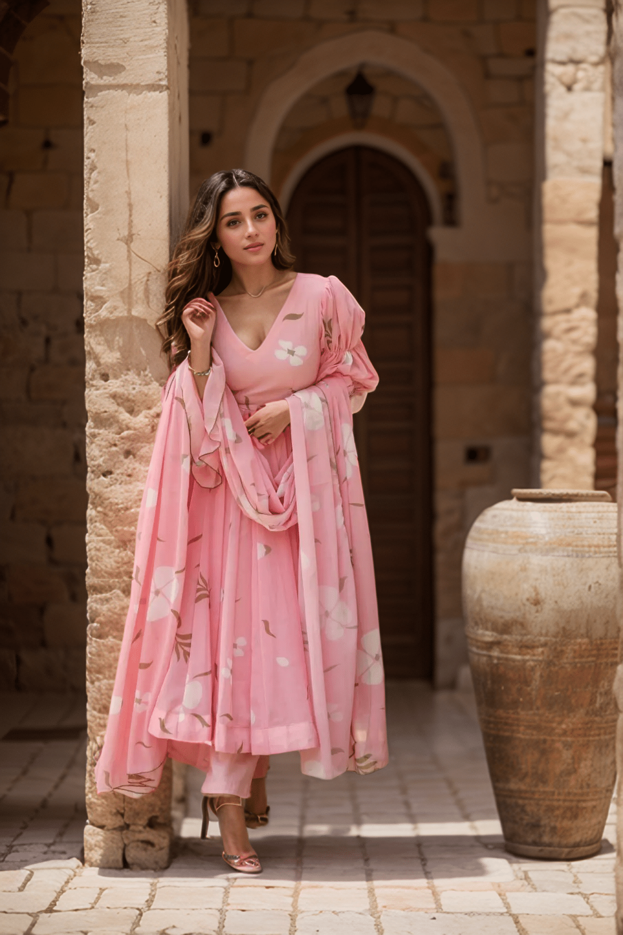 GREEN FLOWER Georgette Printed Kurti With Pants Women's Stitched Salwar Suit - Pink ( Pack of 1 )     			GREEN FLOWER Georgette Printed Kurti With Pants Women's Stitched Salwar Suit - Pink ( Pack of 1 )