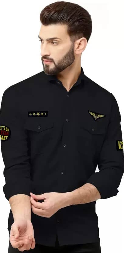 Greenflair Cotton Blend Regular Fit Applique Full Sleeves Men's Casual Shirt - Black ( Pack of 1 )