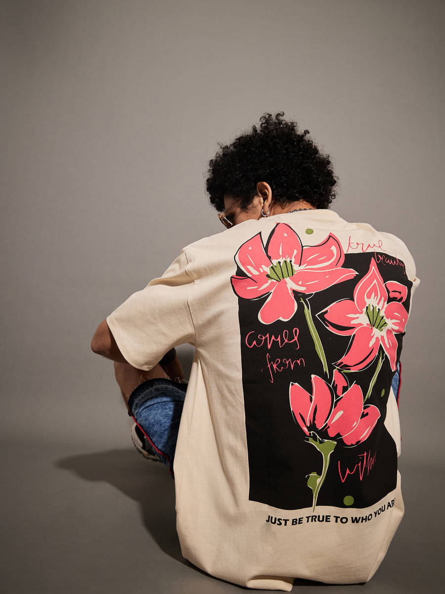     			HELL BOUND Cotton Blend Oversized Fit Printed Half Sleeves Men's Round T-Shirt - Beige ( Pack of 1 )