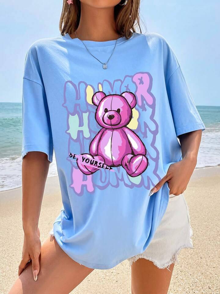 HELL BOUND Women Poly Cotton Printed Oversized Fit Round Neck T-Shirt ( Light Blue ) HELL BOUND Women Poly Cotton Printed Oversized Fit Round Neck T-Shirt ( Light Blue )