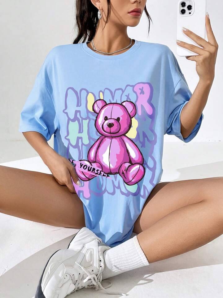 HELL BOUND Women Poly Cotton Printed Oversized Fit Round Neck T-Shirt ( Light Blue ) HELL BOUND Women Poly Cotton Printed Oversized Fit Round Neck T-Shirt ( Light Blue )