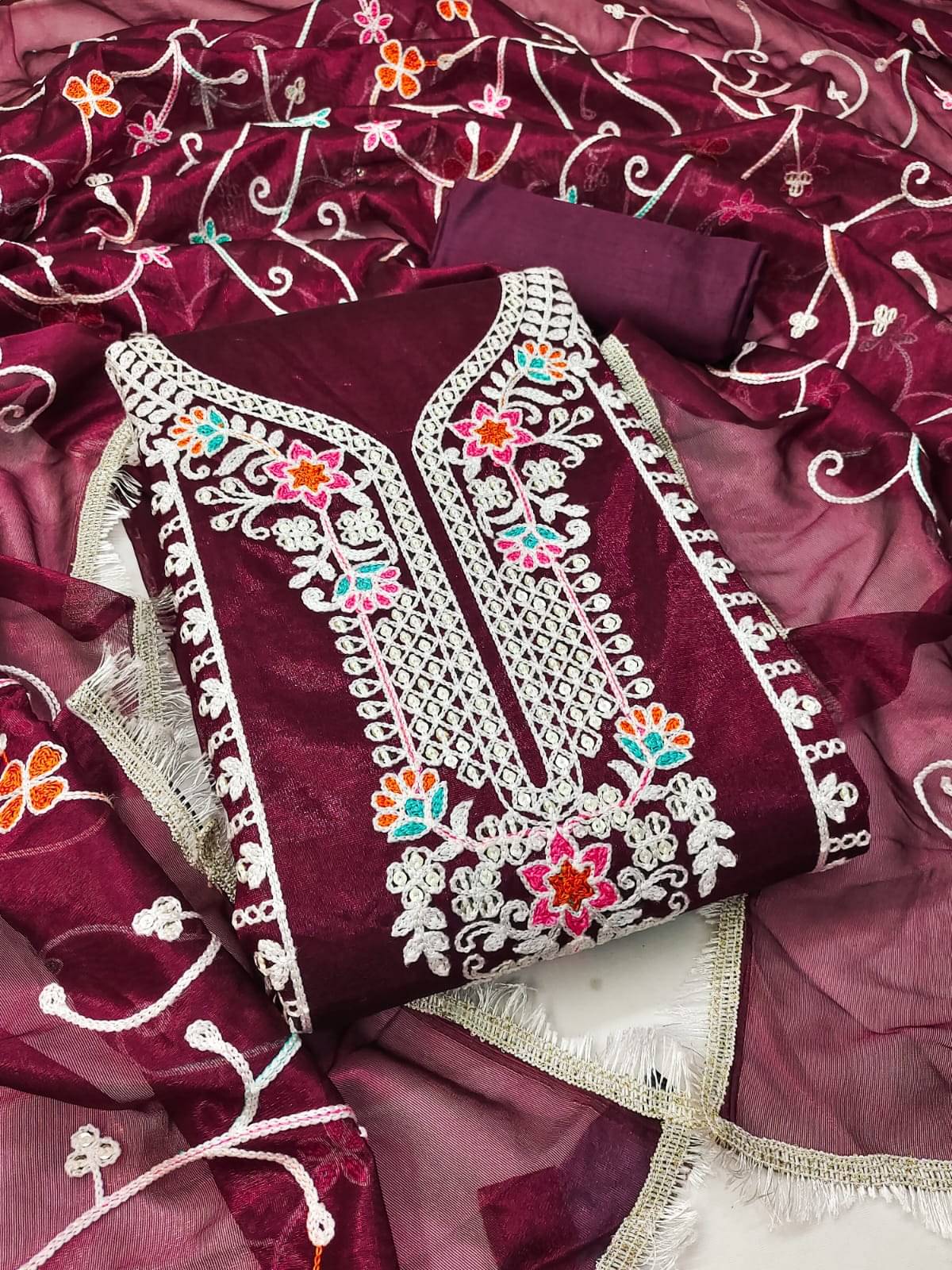     			HL SILKMILLS Unstitched Net Embroidered Dress Material - Maroon ( Pack of 1 )