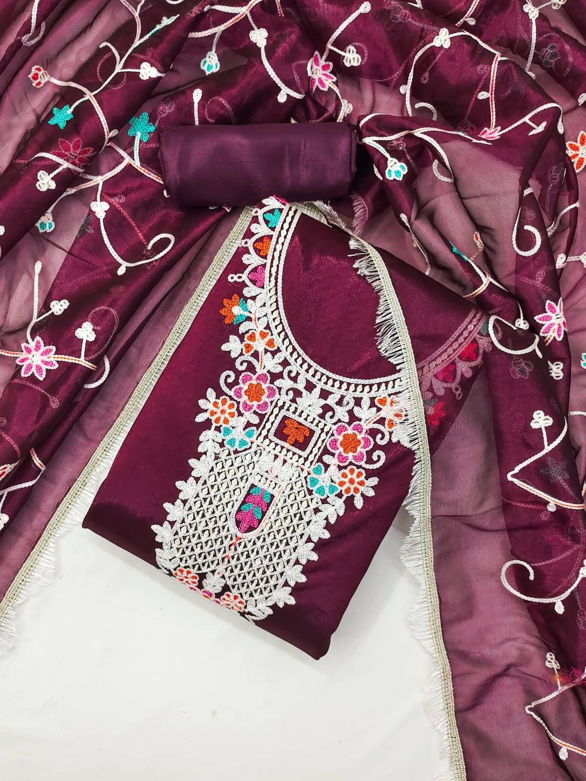    			HL SILKMILLS Unstitched Net Embroidered Dress Material - Maroon ( Pack of 1 )