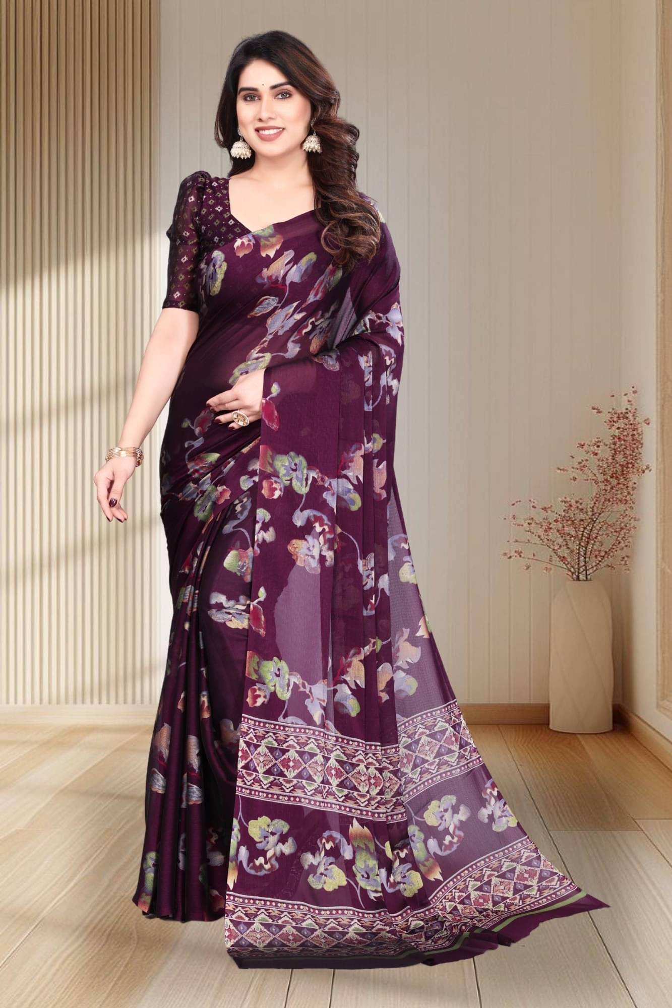 Magneitta Chiffon Printed Saree With Unstitched Blouse Piece ( Purple ) Magneitta Chiffon Printed Saree With Unstitched Blouse Piece ( Purple )