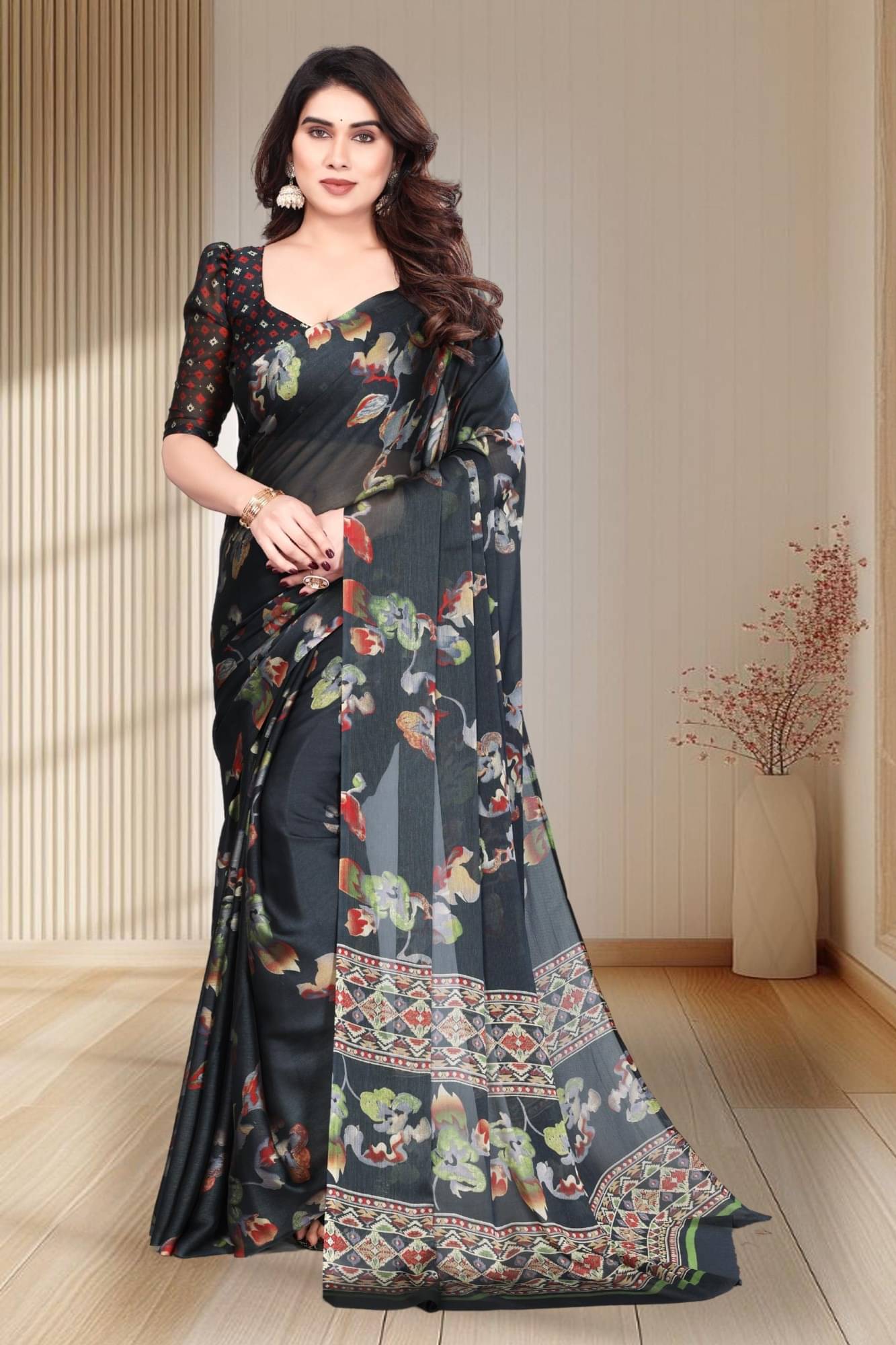 Magneitta Chiffon Printed Saree With Unstitched Blouse Piece ( Black ) Magneitta Chiffon Printed Saree With Unstitched Blouse Piece ( Black )