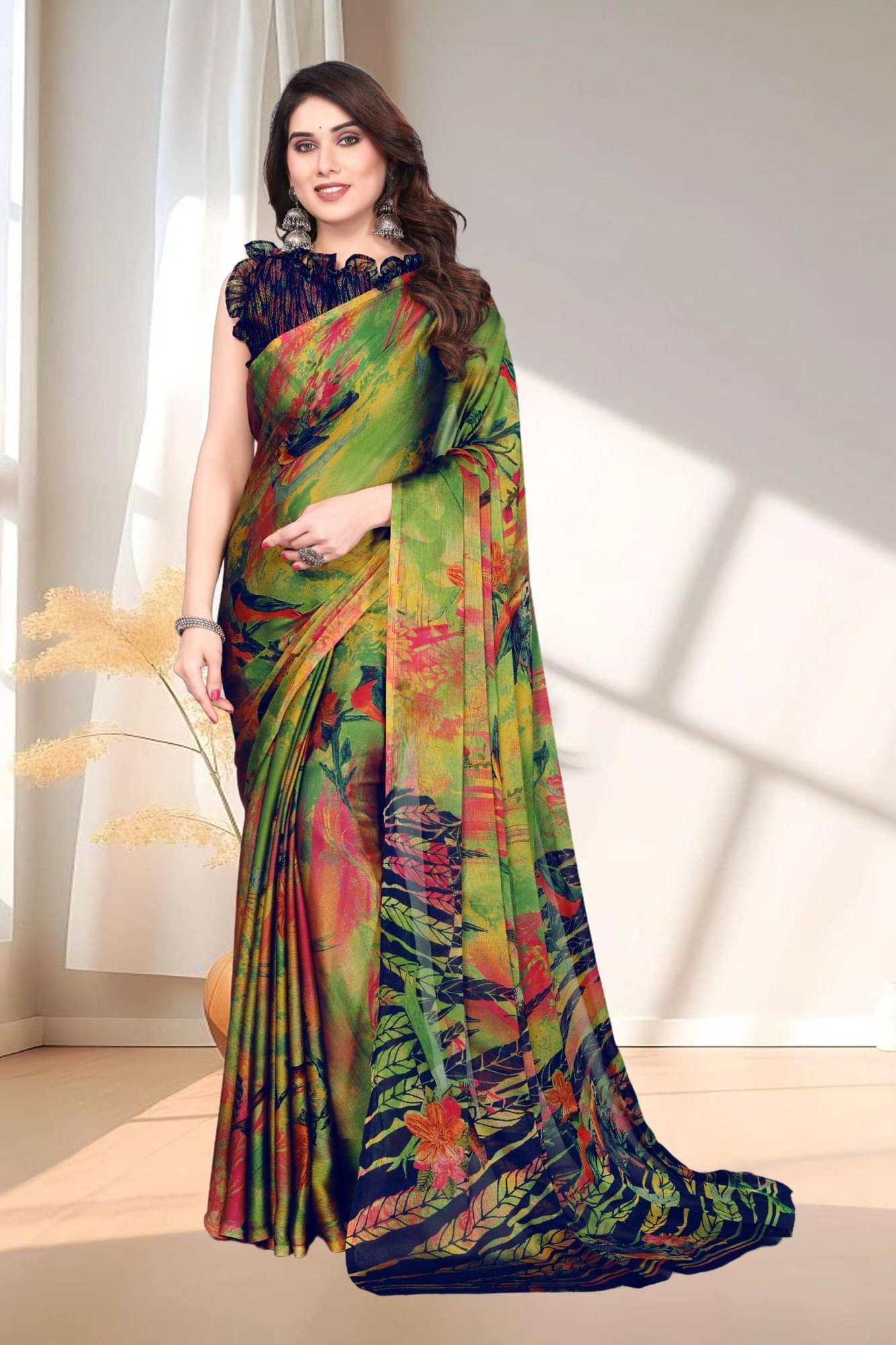     			Magneitta Chiffon Printed Saree With Unstitched Blouse Piece ( Green )