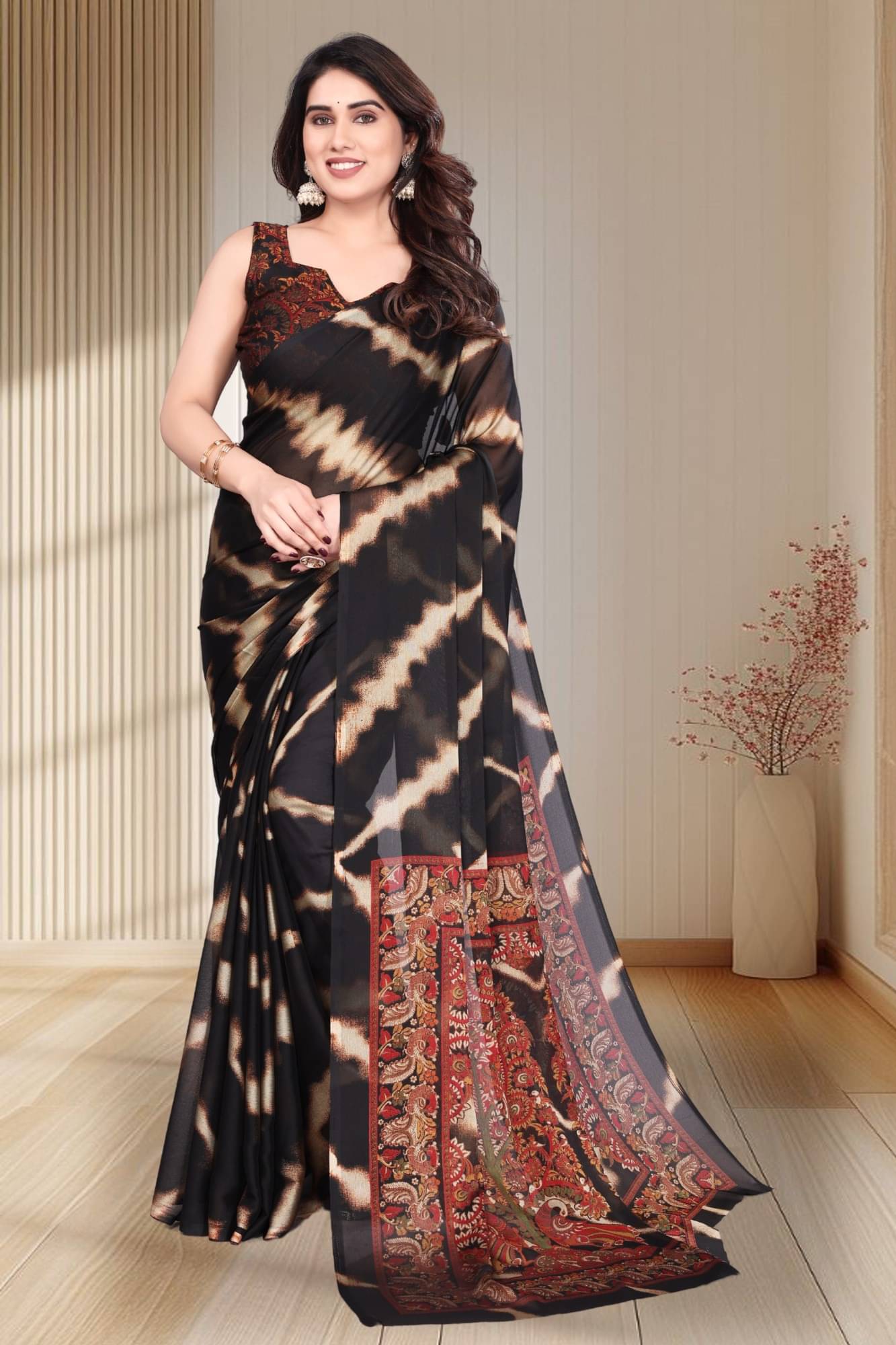 Magneitta Chiffon Printed Saree With Unstitched Blouse Piece ( Brown ) Magneitta Chiffon Printed Saree With Unstitched Blouse Piece ( Brown )