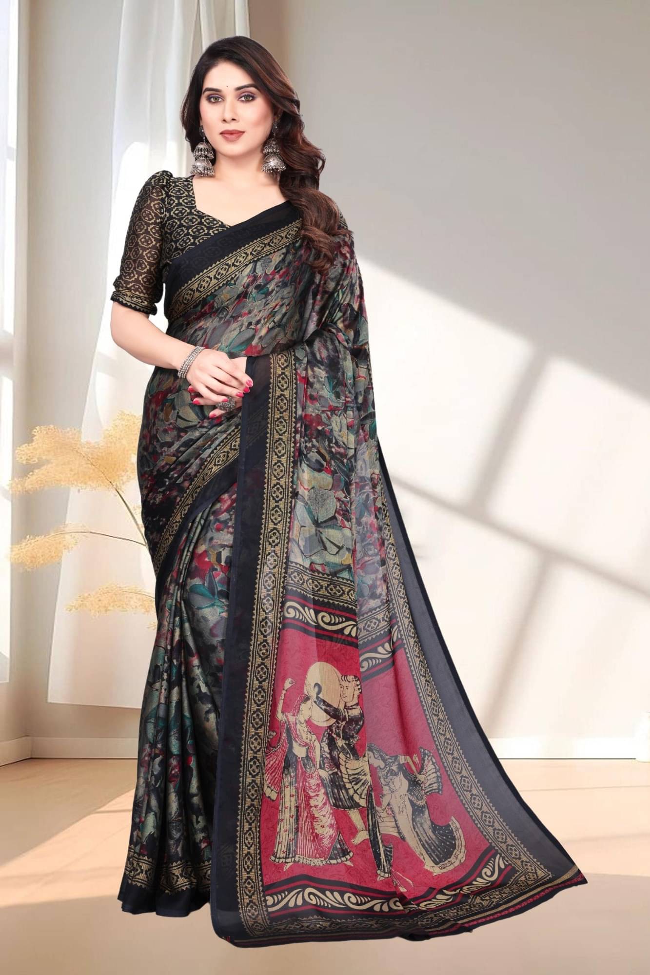 Magneitta Chiffon Printed Saree With Unstitched Blouse Piece ( Black ) Magneitta Chiffon Printed Saree With Unstitched Blouse Piece ( Black )