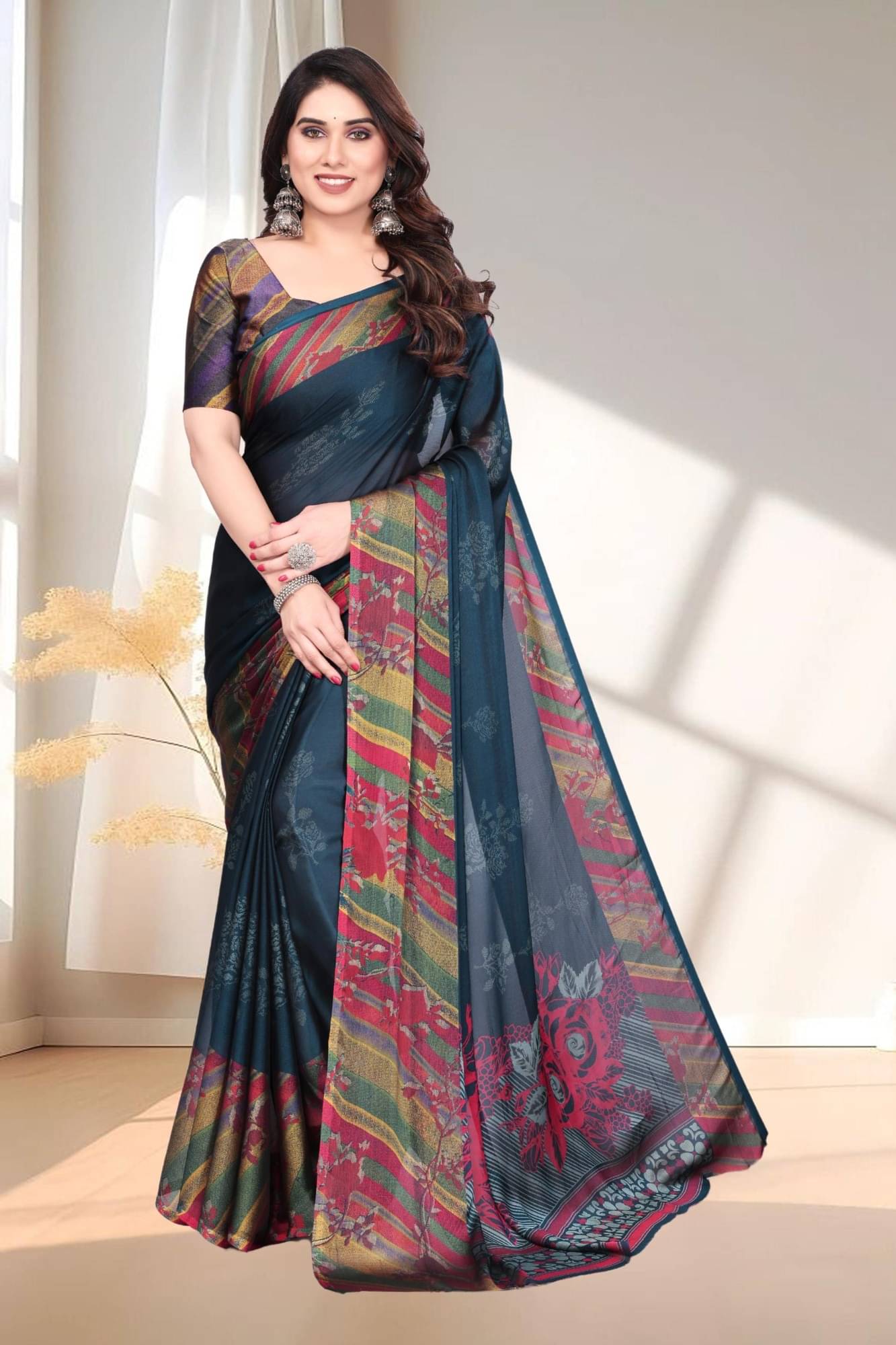     			Magneitta Chiffon Printed Saree With Unstitched Blouse Piece ( Green )
