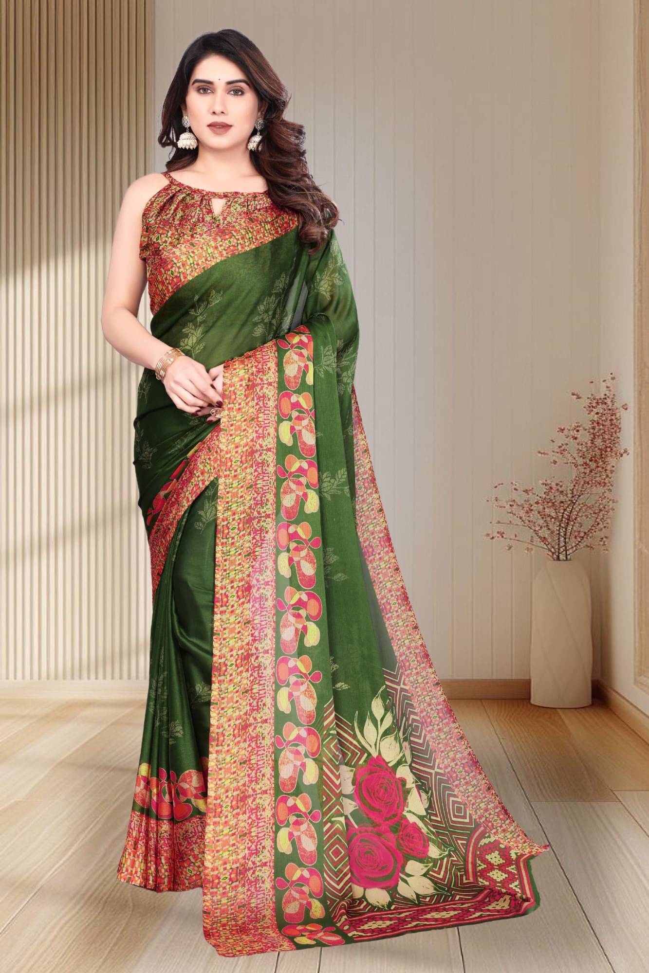 Magneitta Chiffon Printed Saree With Unstitched Blouse Piece ( Green ) Magneitta Chiffon Printed Saree With Unstitched Blouse Piece ( Green )