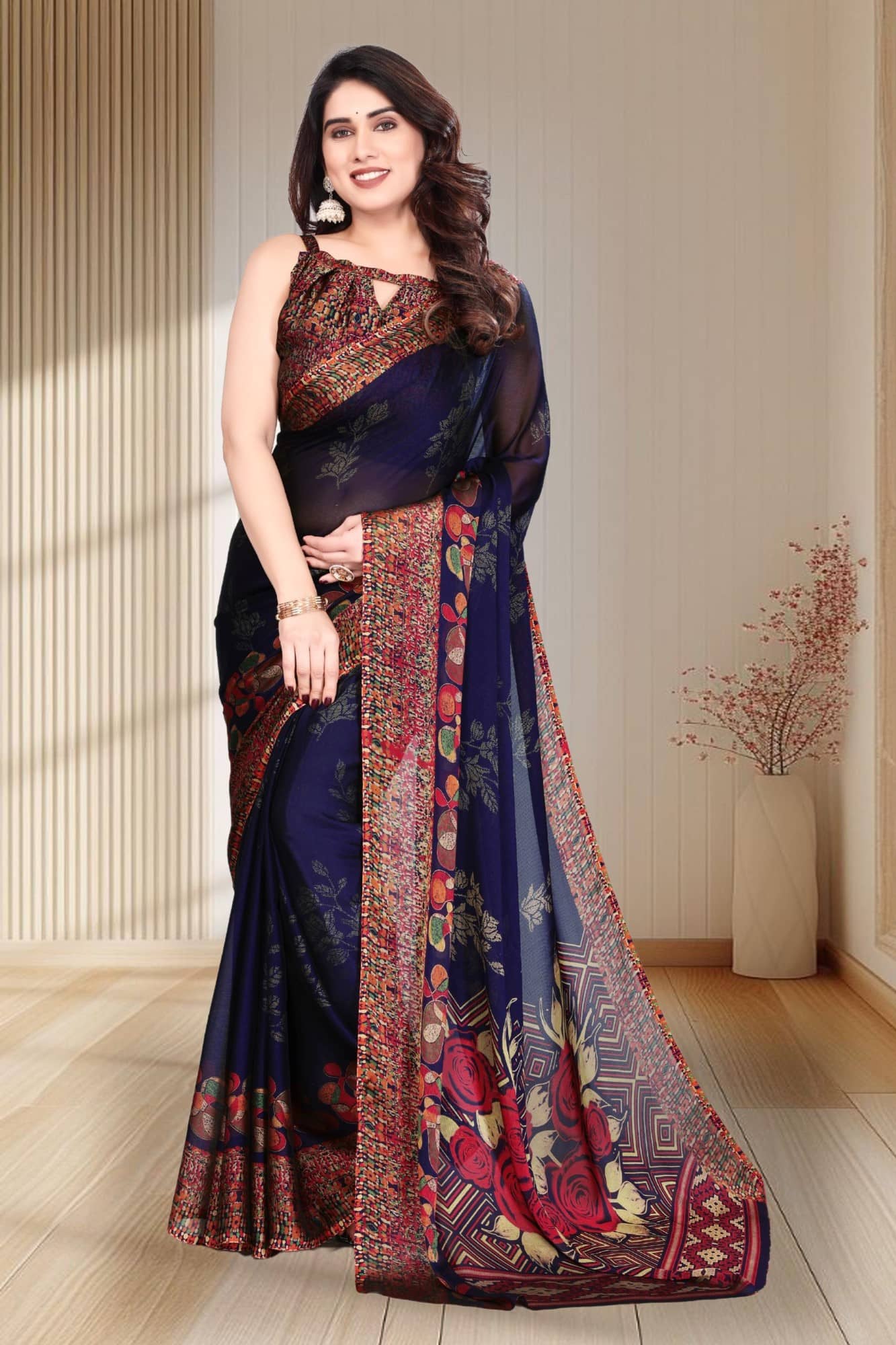 Magneitta Chiffon Printed Saree With Unstitched Blouse Piece ( Blue ) - Sarees | Buy online on ZillyBuy
