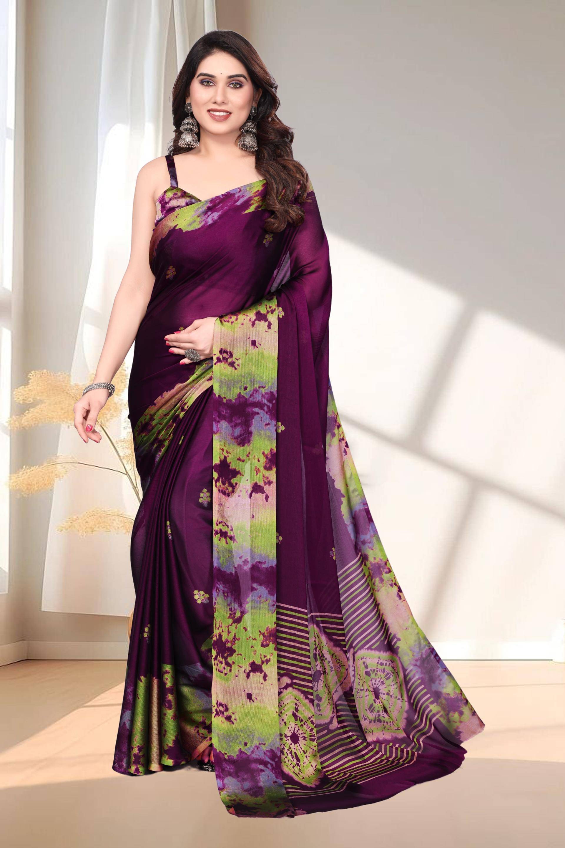     			Magneitta Chiffon Printed Saree With Unstitched Blouse Piece ( Purple )
