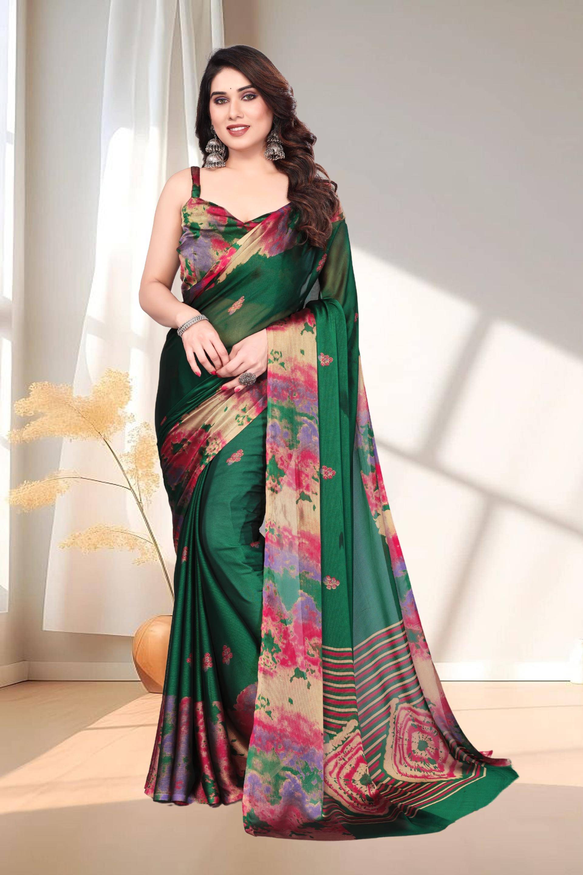     			Magneitta Chiffon Printed Saree With Unstitched Blouse Piece ( Green )