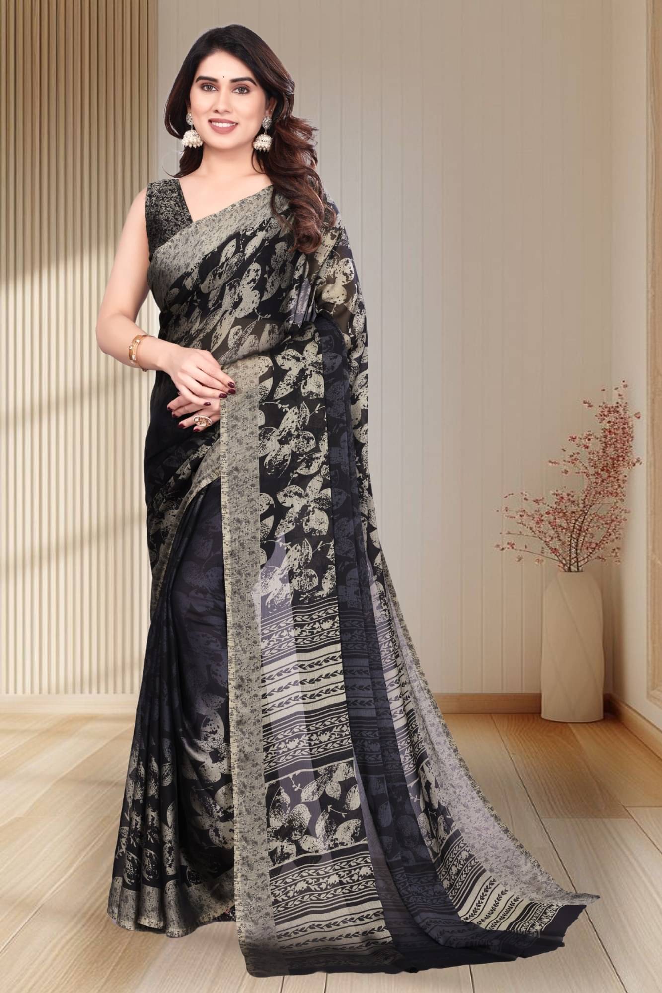     			Magneitta Chiffon Printed Saree With Unstitched Blouse Piece ( Black )