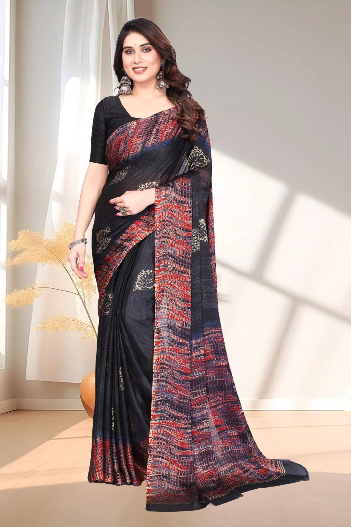 Magneitta Chiffon Printed Saree With Unstitched Blouse Piece ( Black ) Magneitta Chiffon Printed Saree With Unstitched Blouse Piece ( Black )