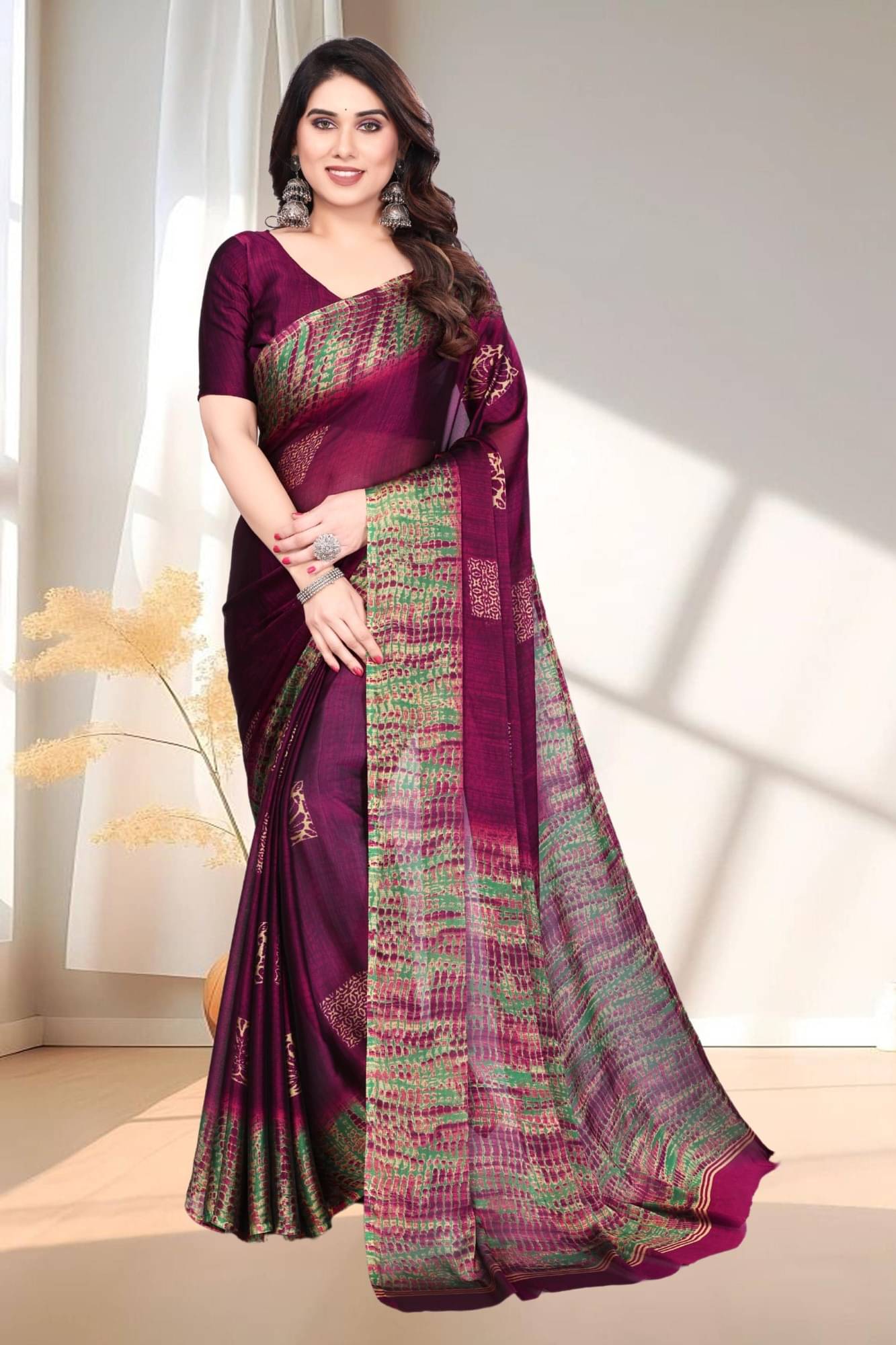 Magneitta Chiffon Printed Saree With Unstitched Blouse Piece ( Purple ) Magneitta Chiffon Printed Saree With Unstitched Blouse Piece ( Purple )