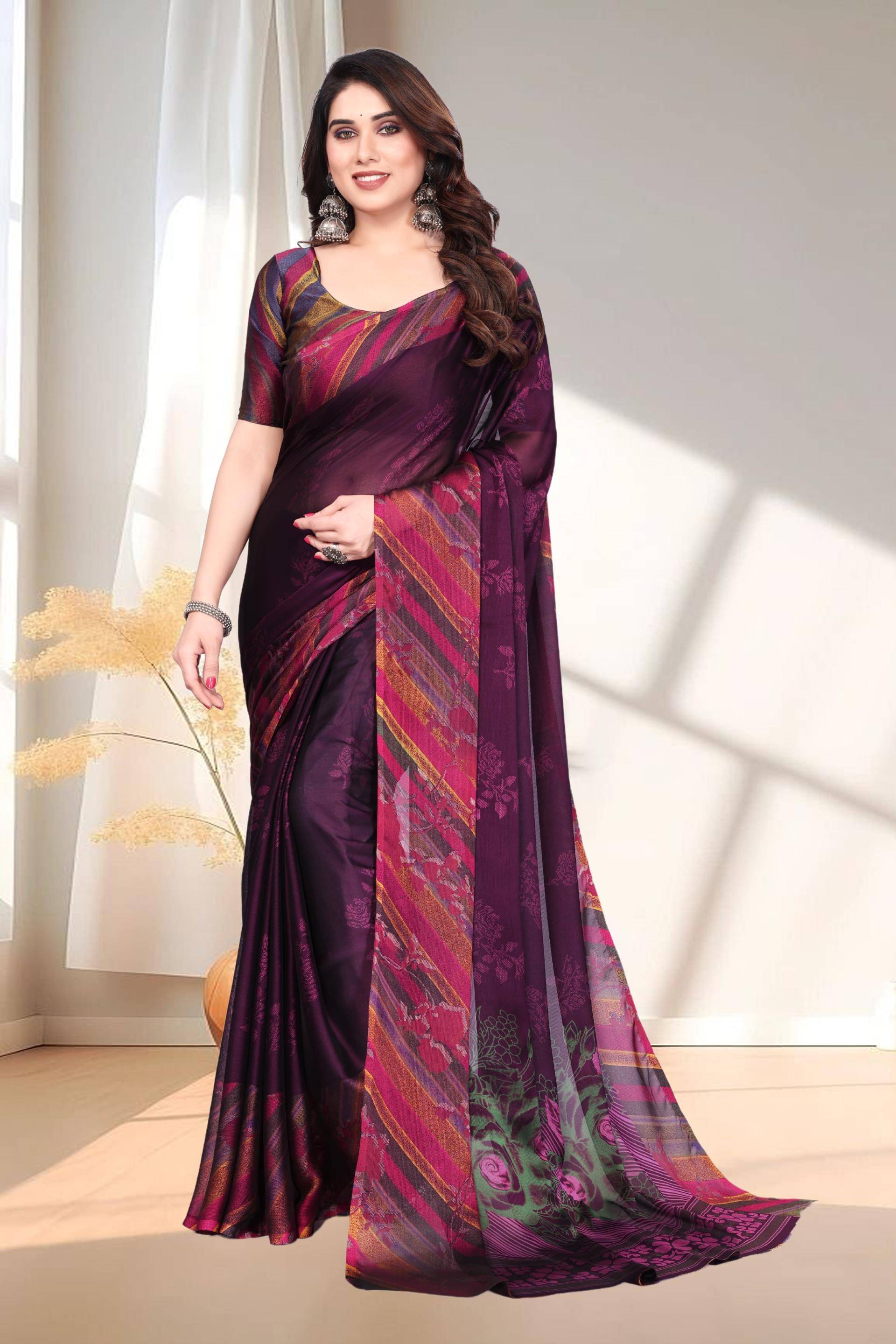 Magneitta Chiffon Printed Saree With Unstitched Blouse Piece ( Purple ) Magneitta Chiffon Printed Saree With Unstitched Blouse Piece ( Purple )