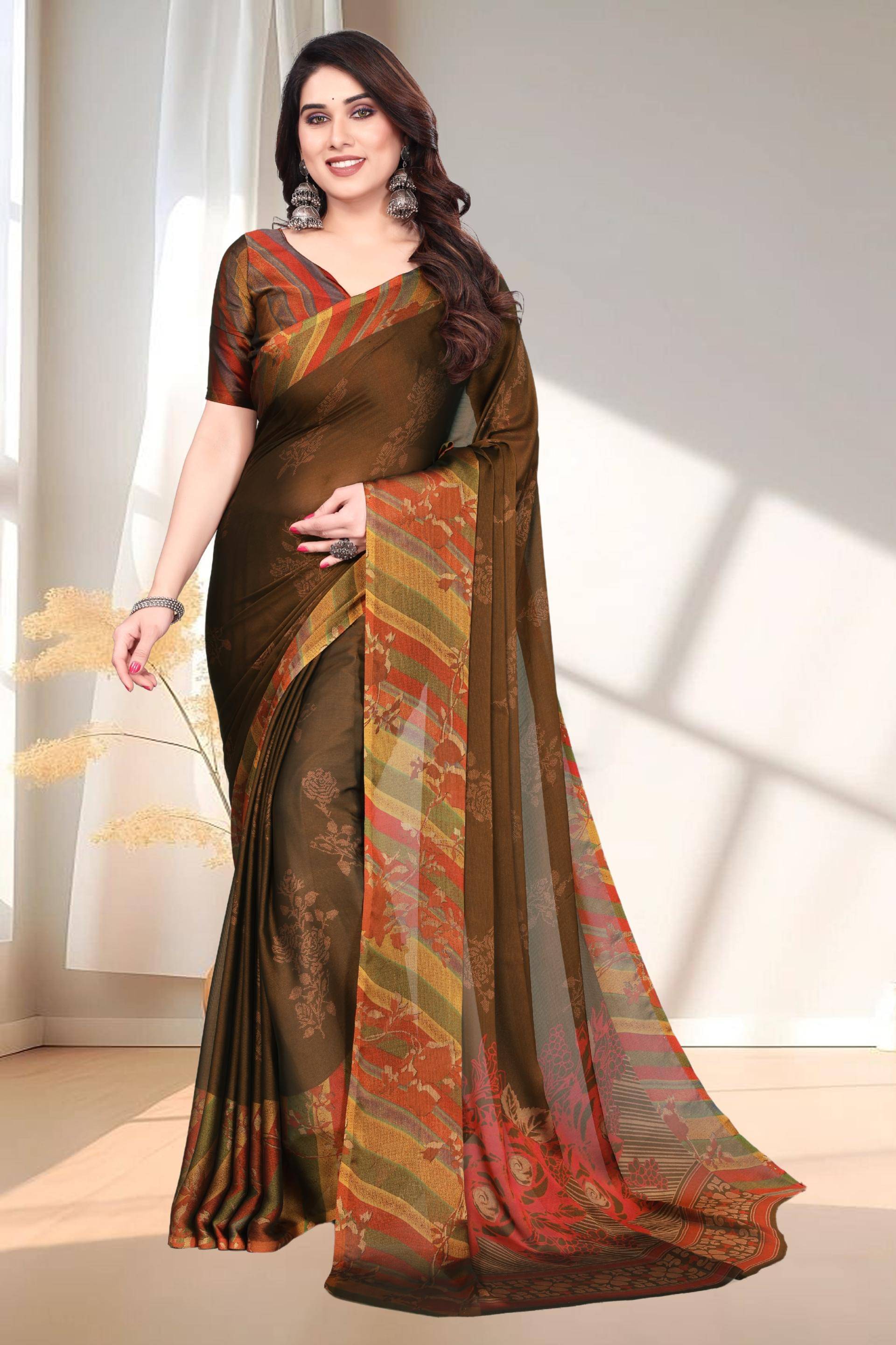     			Magneitta Chiffon Printed Saree With Unstitched Blouse Piece ( Brown )