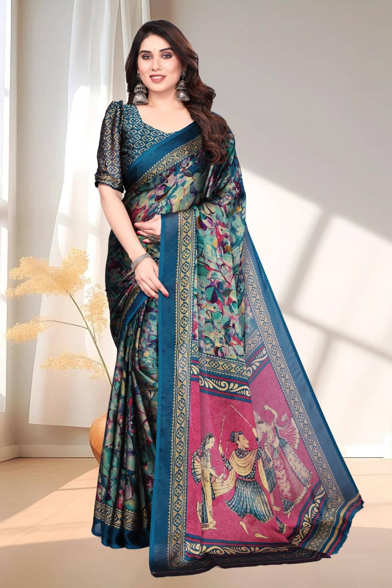 Magneitta Chiffon Printed Saree With Unstitched Blouse Piece ( Light Blue ) Magneitta Chiffon Printed Saree With Unstitched Blouse Piece ( Light Blue )