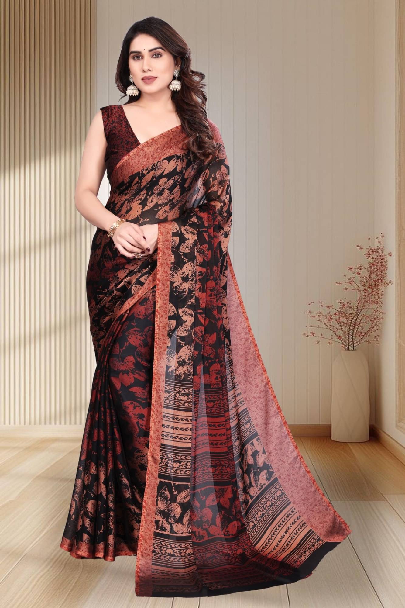 Magneitta Chiffon Printed Saree With Unstitched Blouse Piece ( Maroon ) Magneitta Chiffon Printed Saree With Unstitched Blouse Piece ( Maroon )