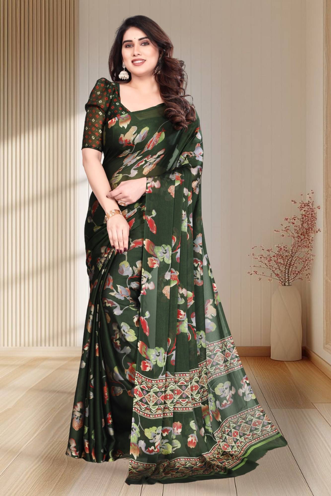Magneitta Chiffon Printed Saree With Unstitched Blouse Piece ( Green ) Magneitta Chiffon Printed Saree With Unstitched Blouse Piece ( Green )